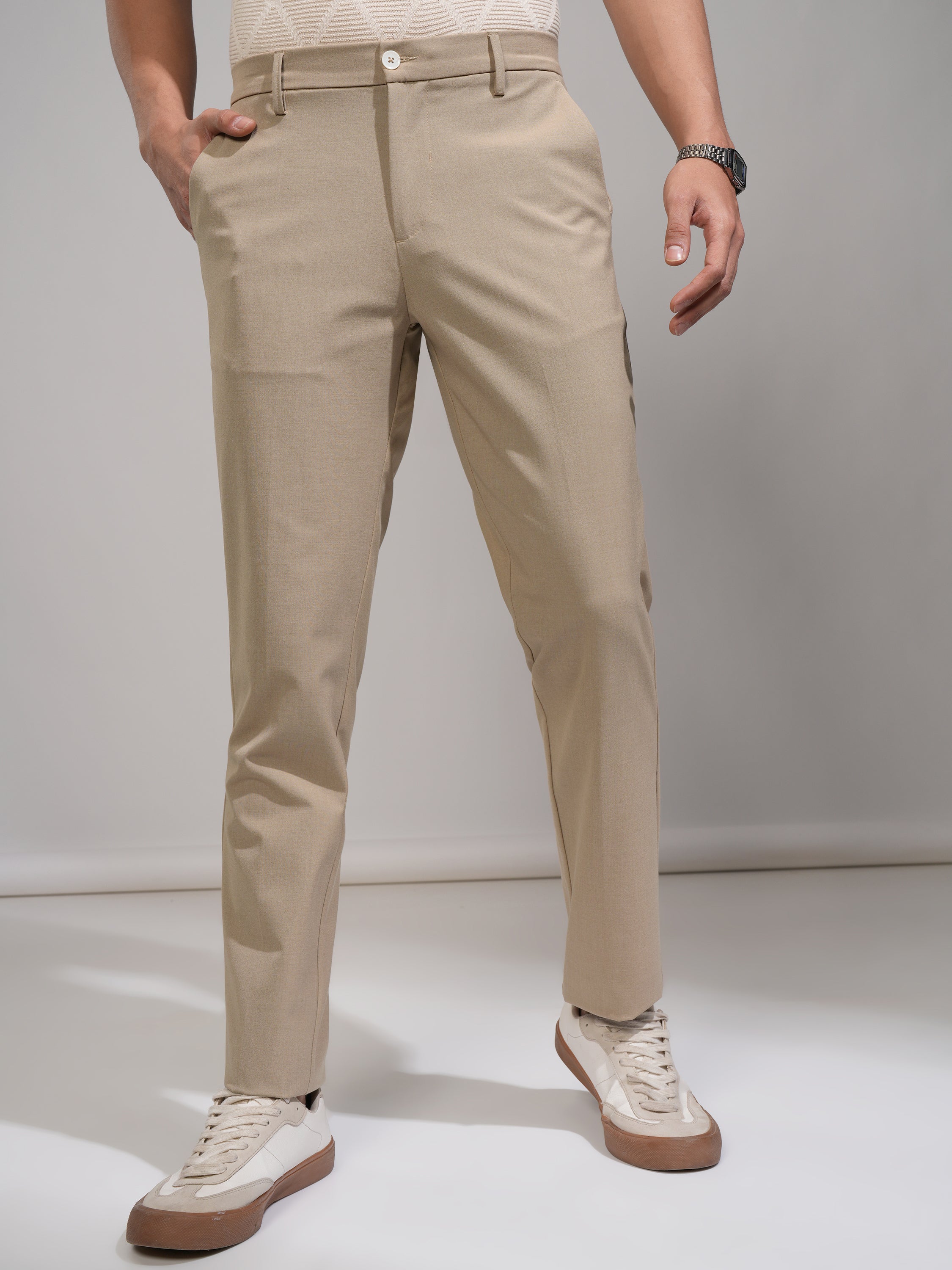 Highlander Men Beige Slim Fit Solid Formal Trouser - Beige - Image 1
