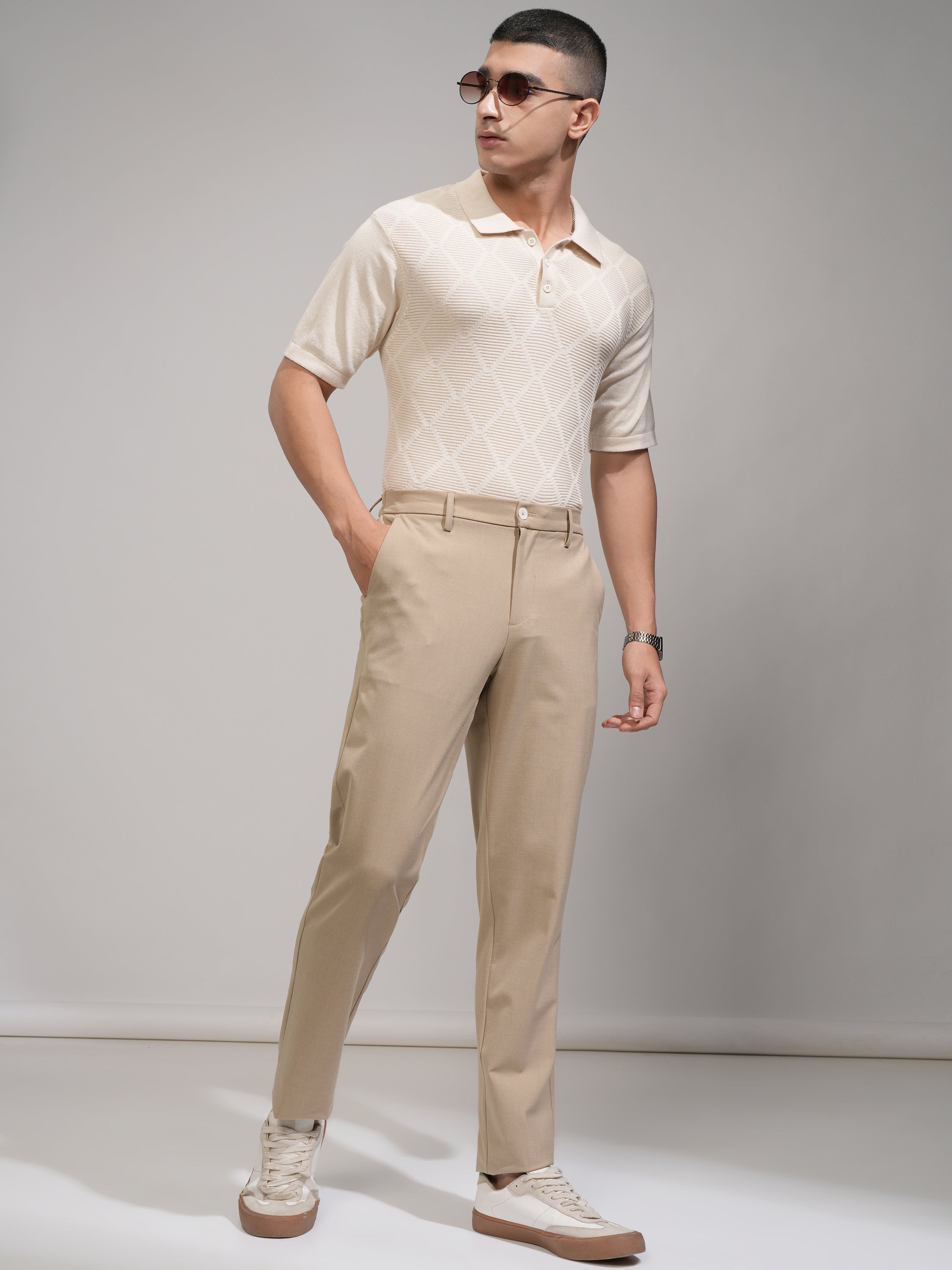 Highlander Men Beige Slim Fit Solid Formal Trouser - Beige - Image 2