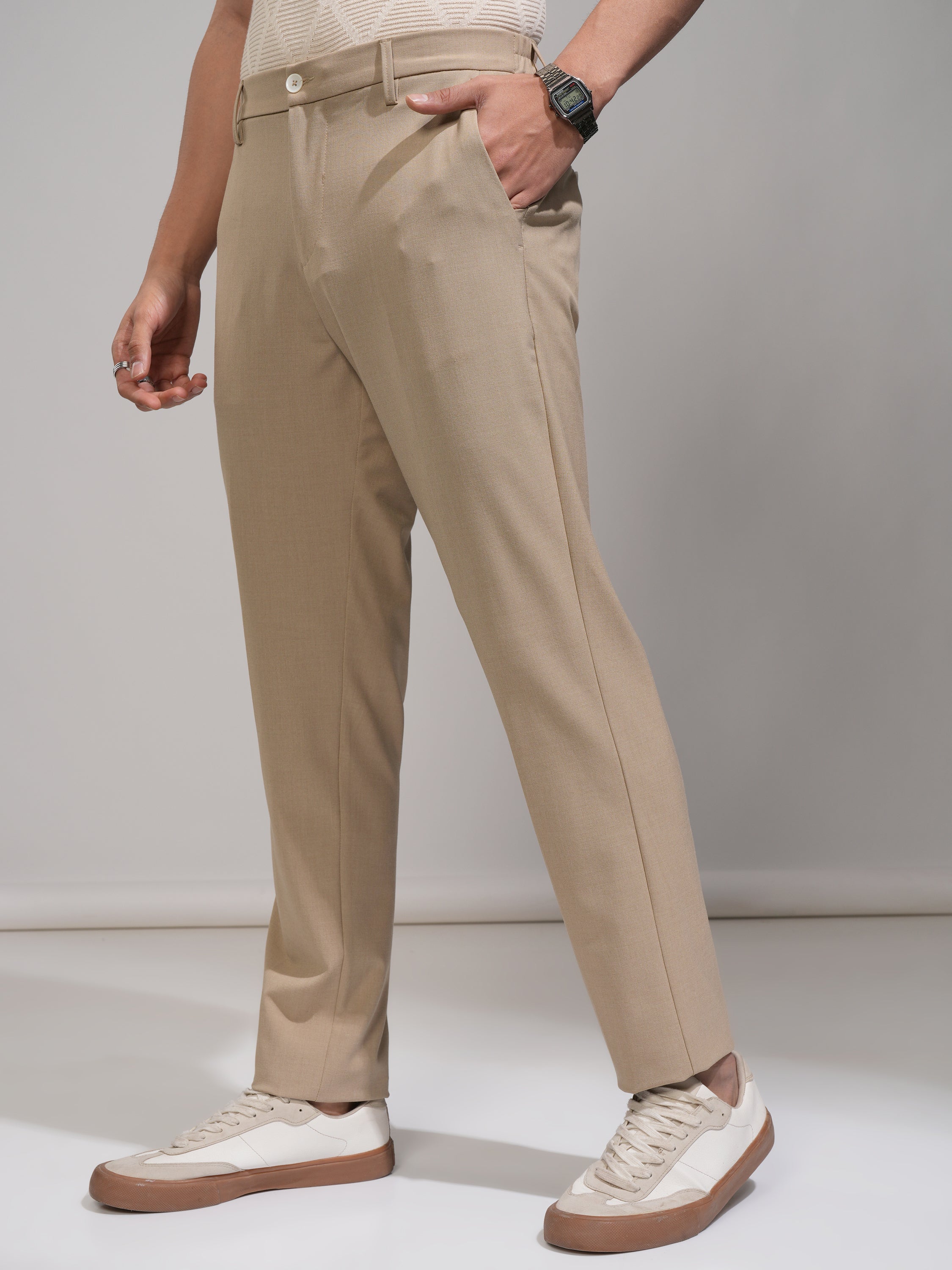 Highlander Men Beige Slim Fit Solid Formal Trouser - Beige - Image 4