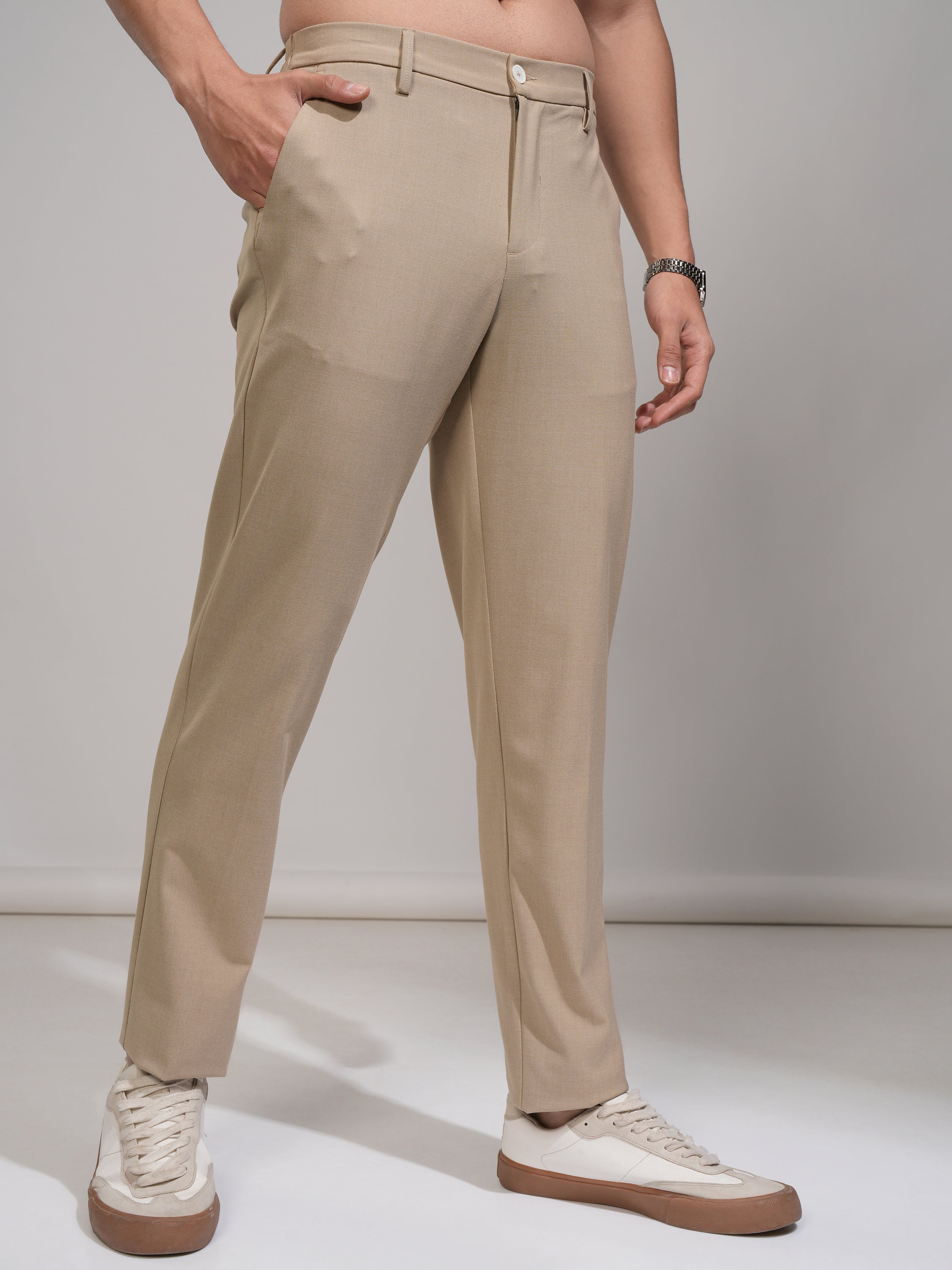 Highlander Men Beige Slim Fit Solid Formal Trouser - Beige - Image 6