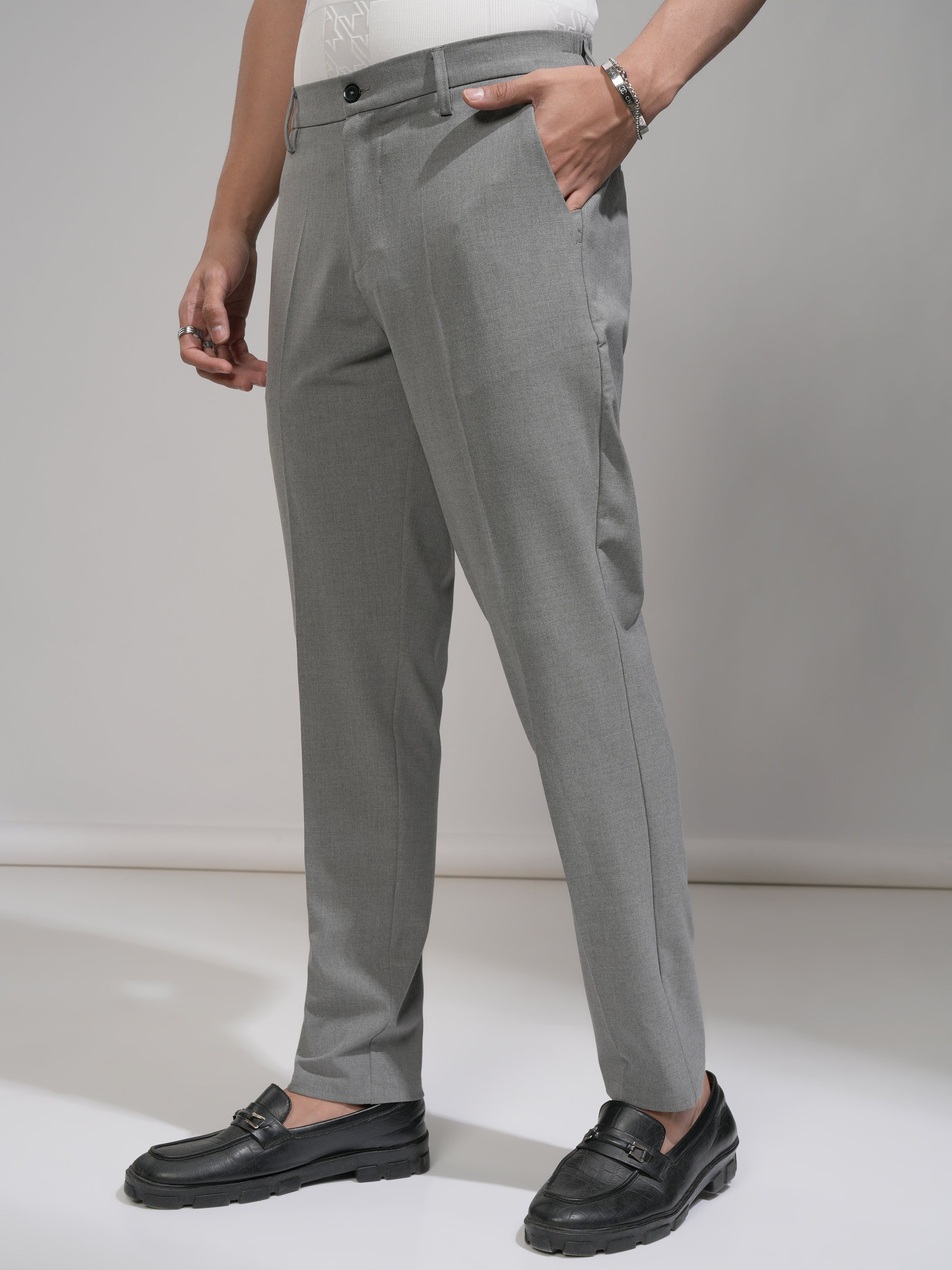 Highlander Men Grey Slim Fit Solid Formal Trouser - Grey - Image 4