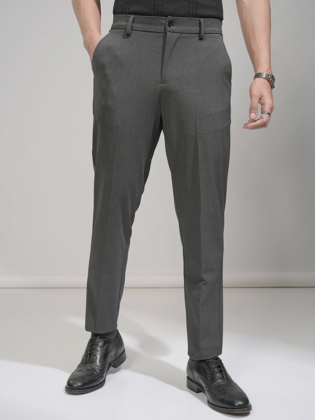 Highlander Men Charcoal Slim Fit Solid Formal Trouser - Charcoal - Image 1