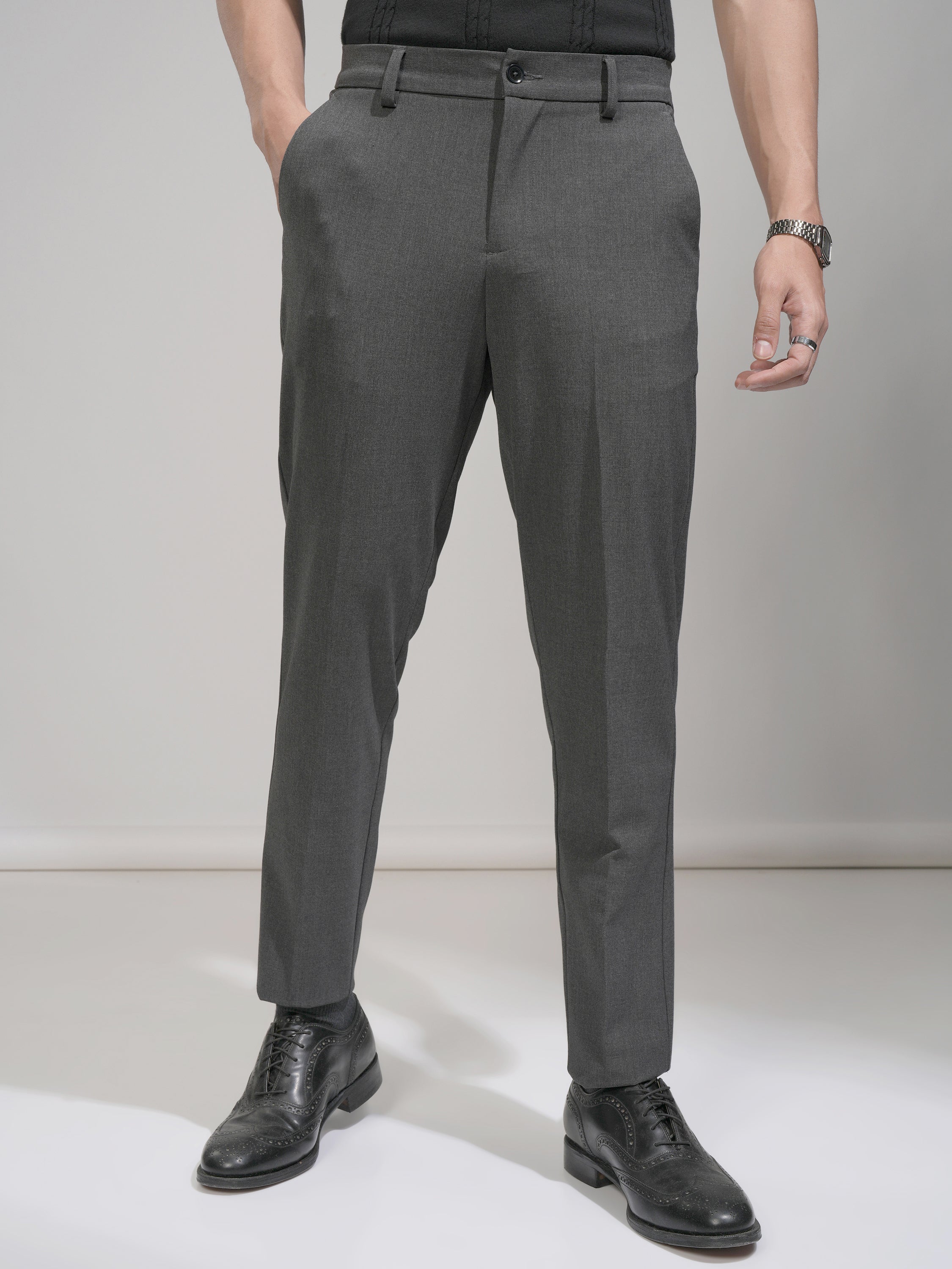 Highlander Men Charcoal Slim Fit Solid Formal Trouser - Charcoal - Image 1