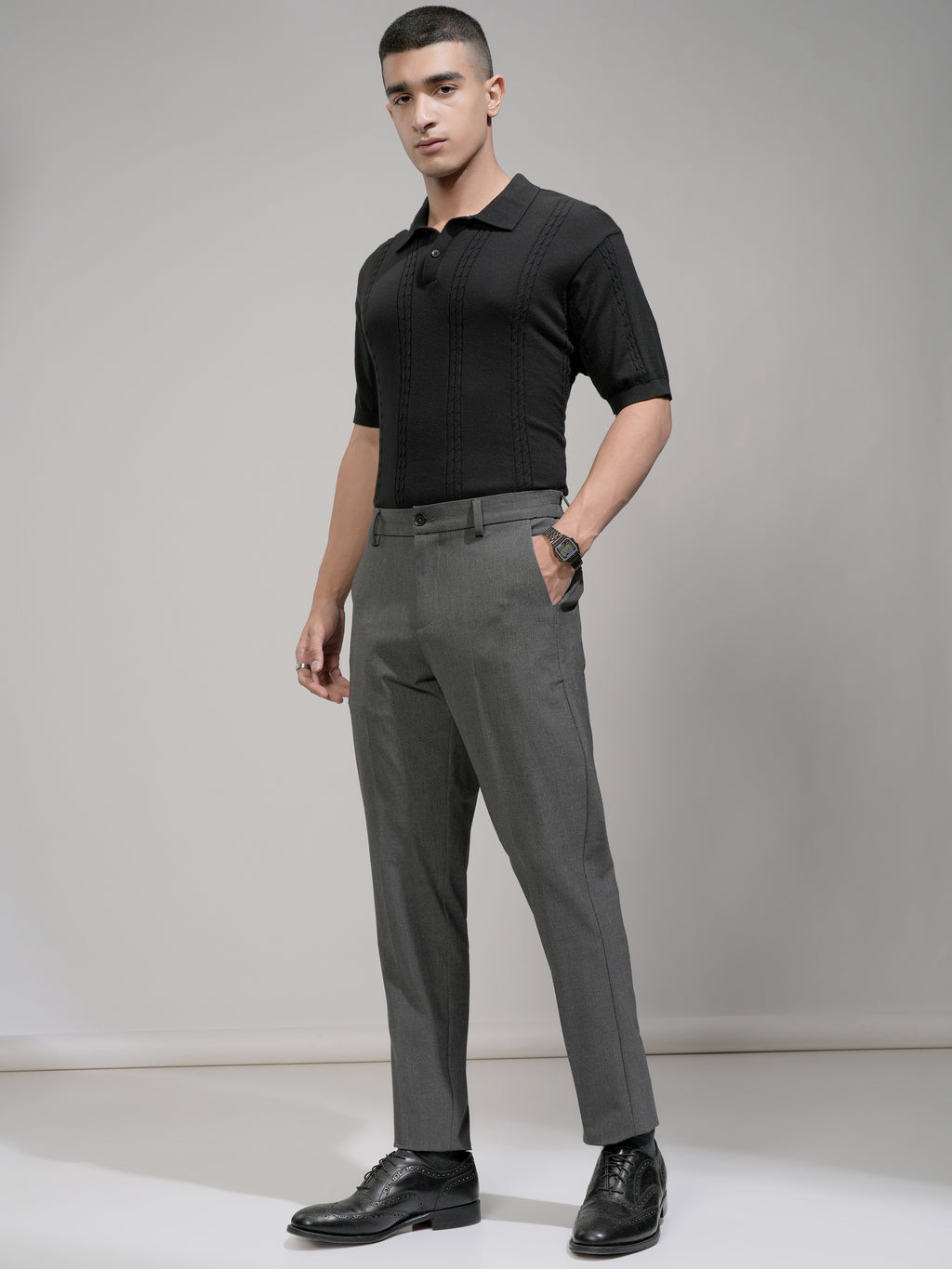 Highlander Men Charcoal Slim Fit Solid Formal Trouser - Charcoal - Image 2