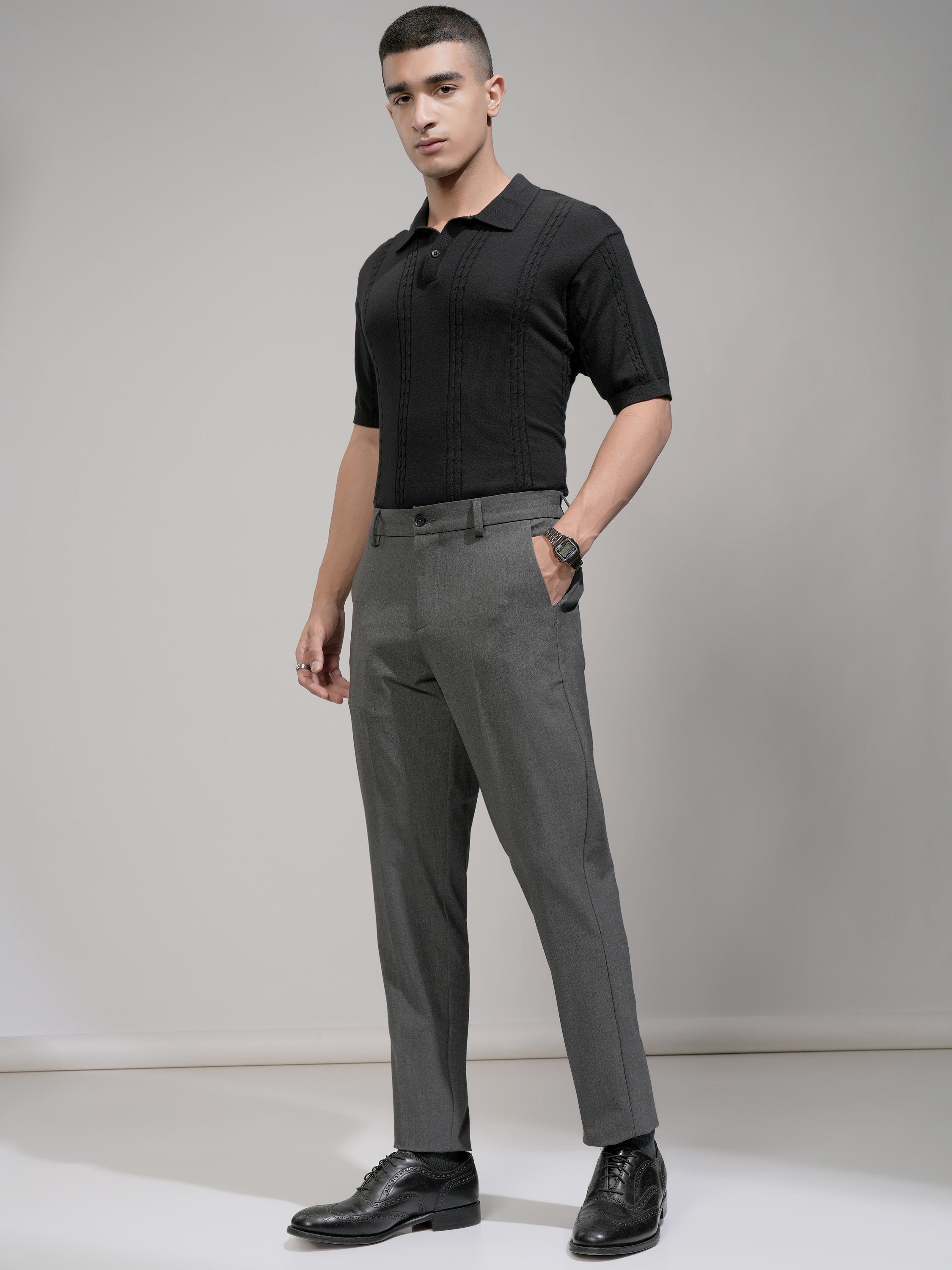 Highlander Men Charcoal Slim Fit Solid Formal Trouser - Charcoal - Image 2