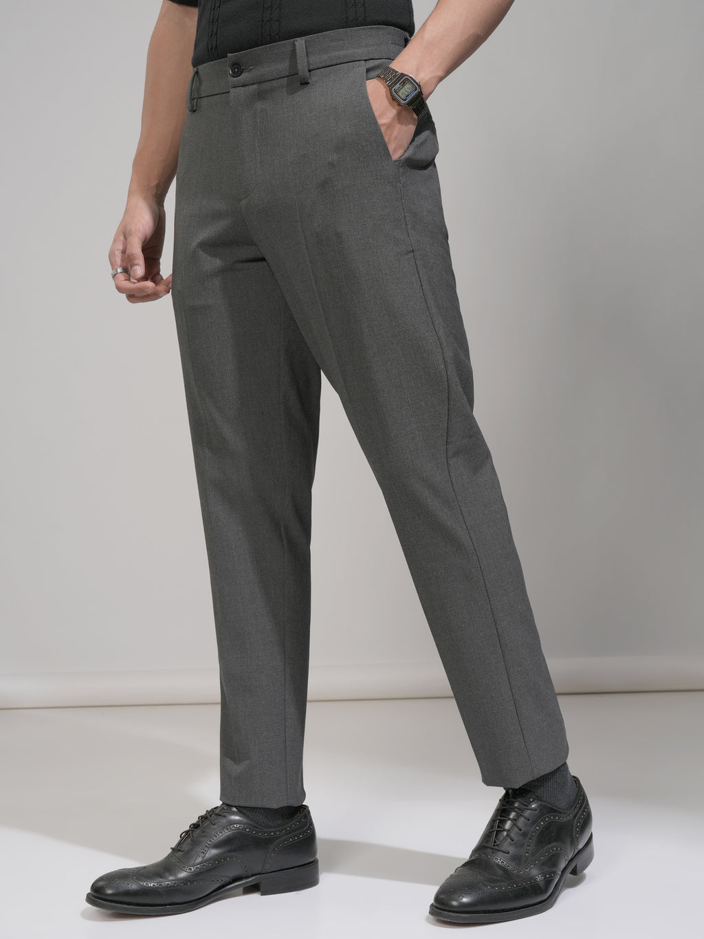 Highlander Men Charcoal Slim Fit Solid Formal Trouser - Charcoal - Image 4