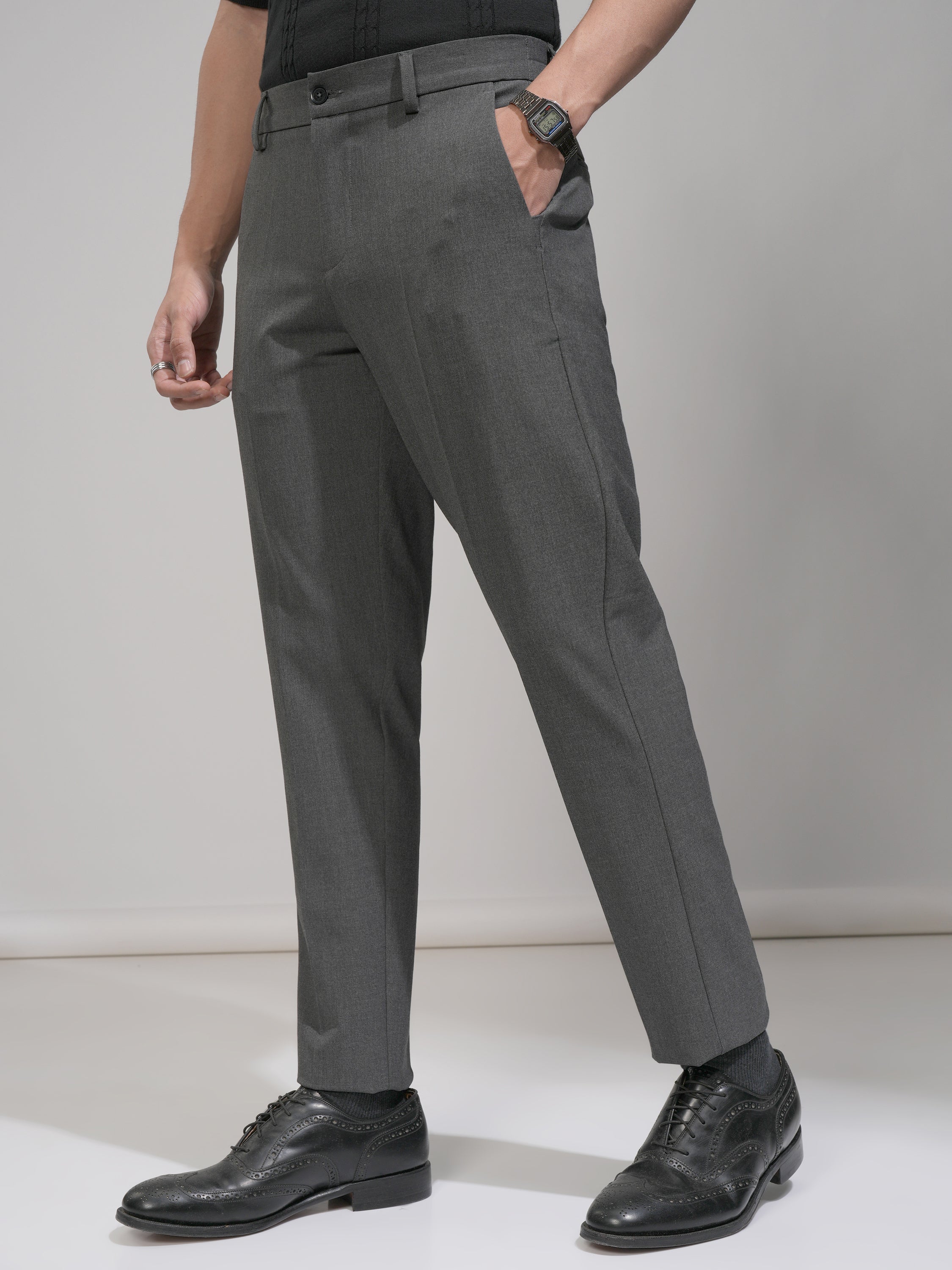 Highlander Men Charcoal Slim Fit Solid Formal Trouser - Charcoal - Image 4