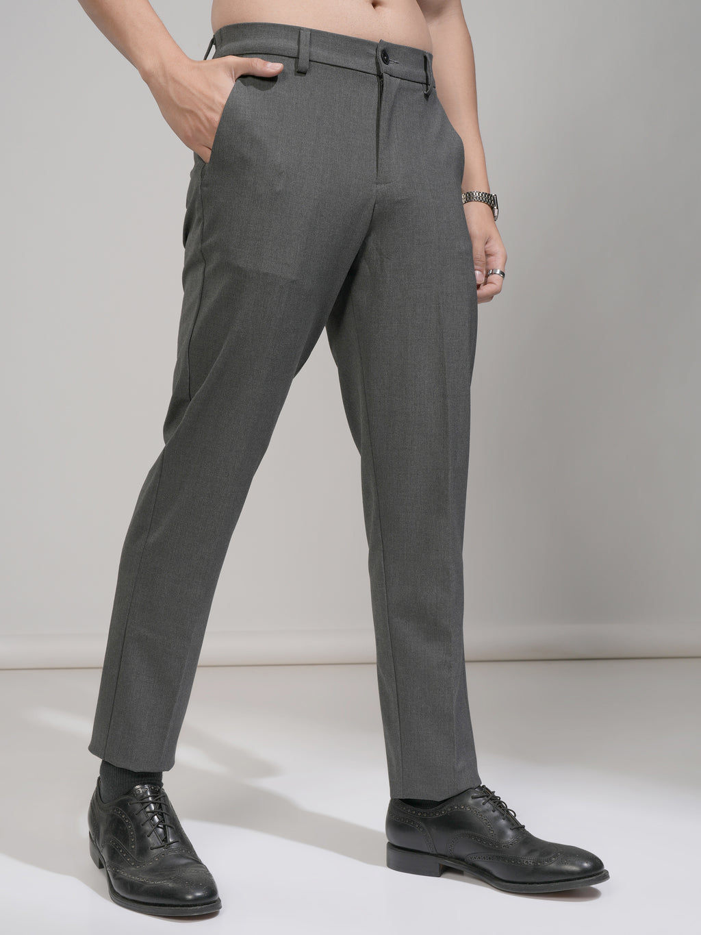 Highlander Men Charcoal Slim Fit Solid Formal Trouser - Charcoal - Image 6