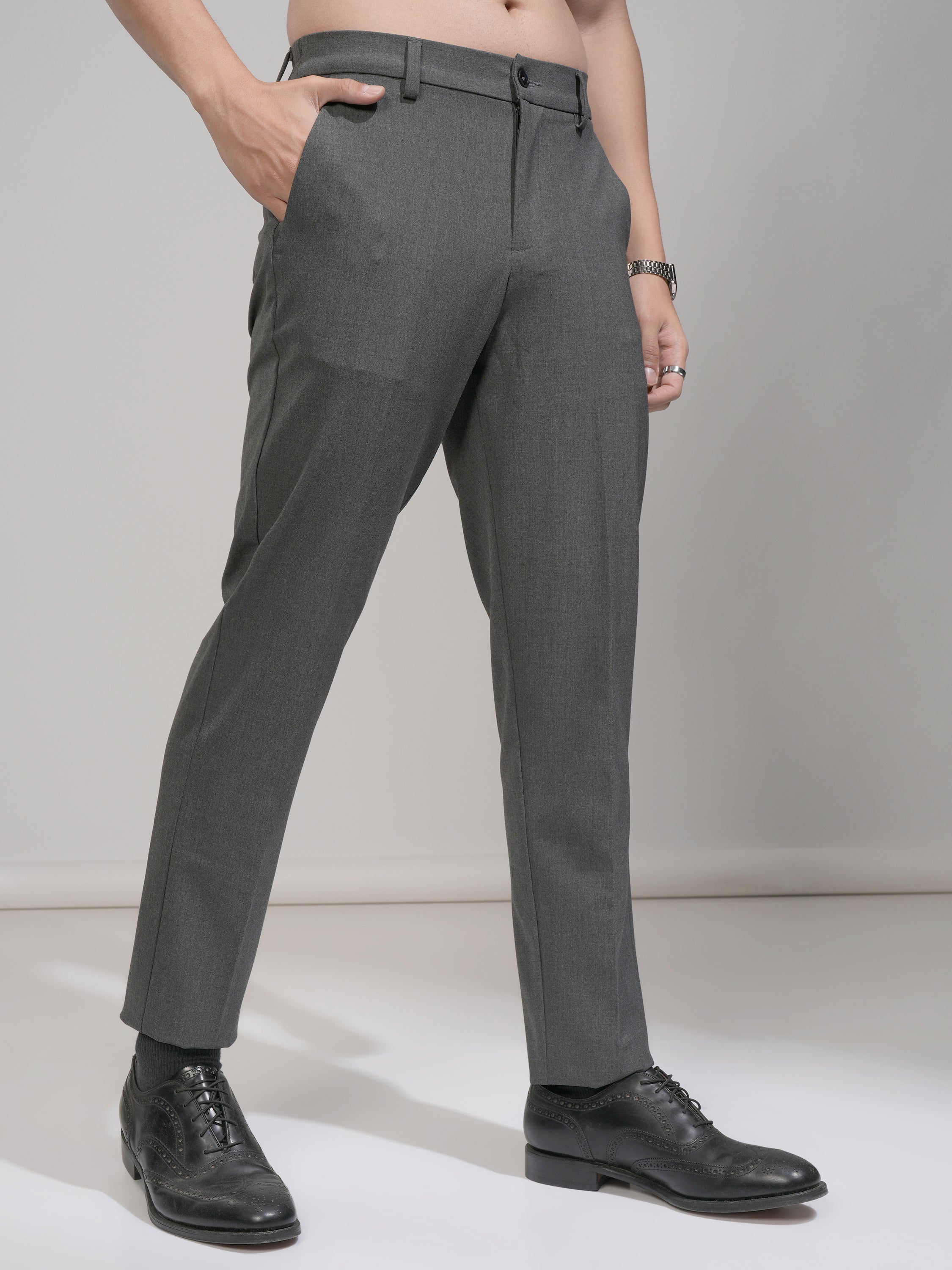 Highlander Men Charcoal Slim Fit Solid Formal Trouser - Charcoal - Image 6