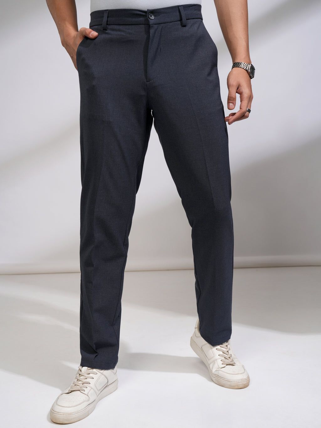 Highlander Men Navy Blue Relaxed Fit Solid Casual Trouser - Navy Blue - Image 1