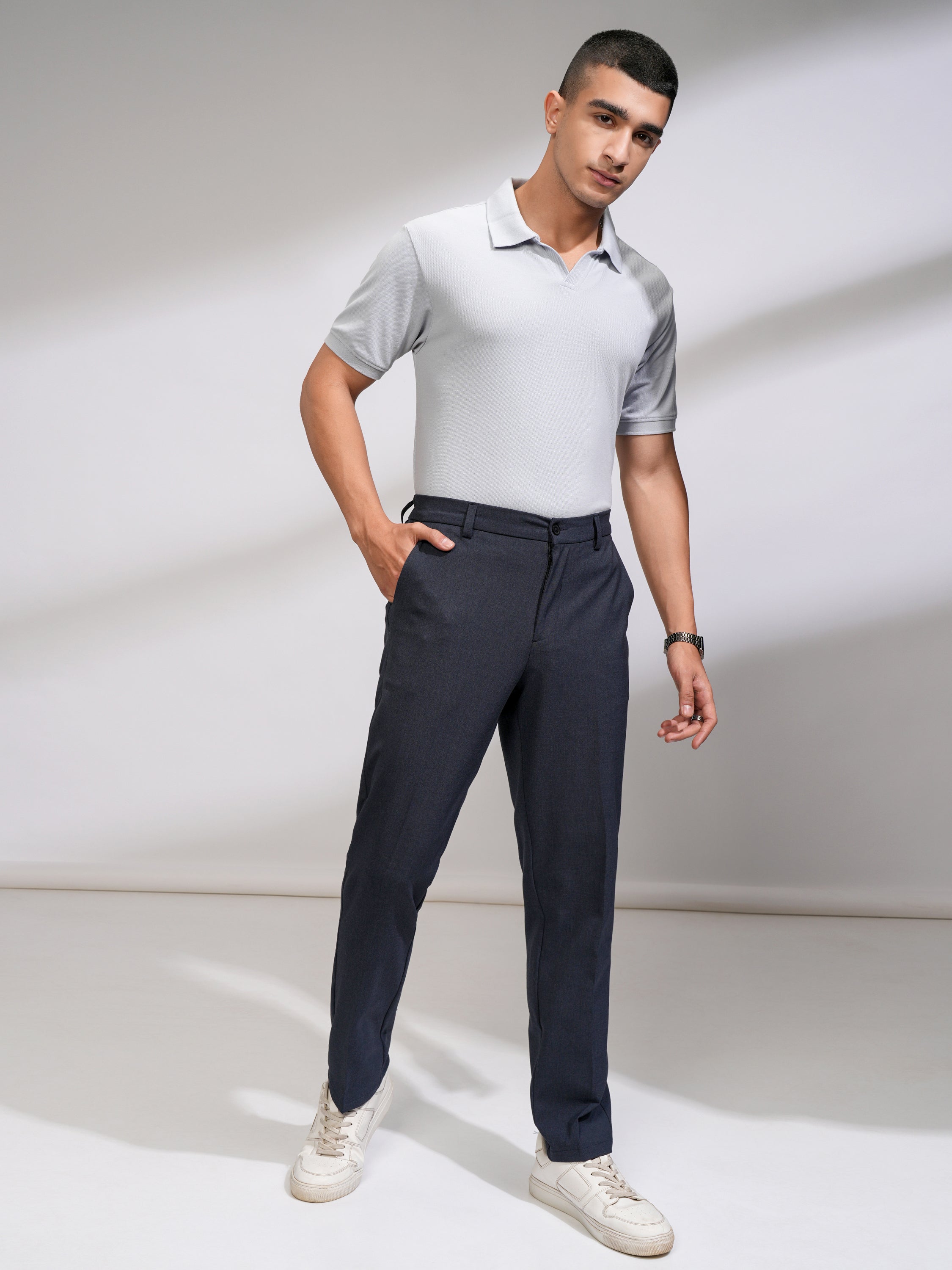 Highlander Men Navy Blue Relaxed Fit Solid Casual Trouser - Navy Blue - Image 2
