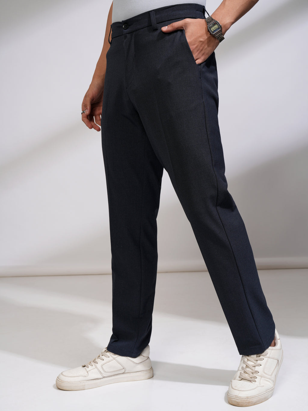 Highlander Men Navy Blue Relaxed Fit Solid Casual Trouser - Navy Blue - Image 4