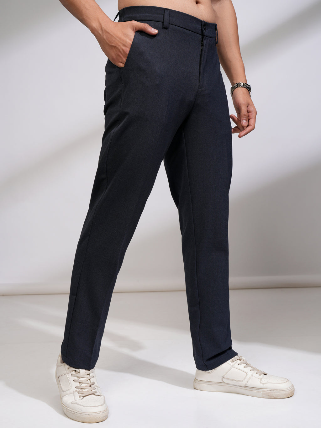 Highlander Men Navy Blue Relaxed Fit Solid Casual Trouser - Navy Blue - Image 6