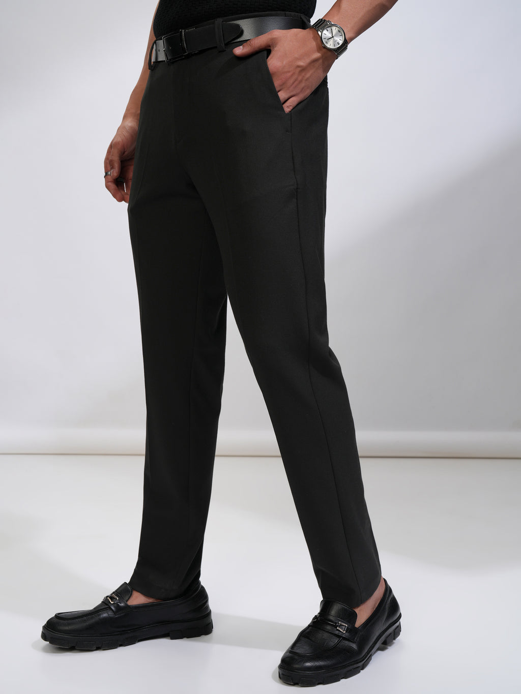 Highlander Men Black Slim Fit Solid Casual Trouser - Black - Image 4
