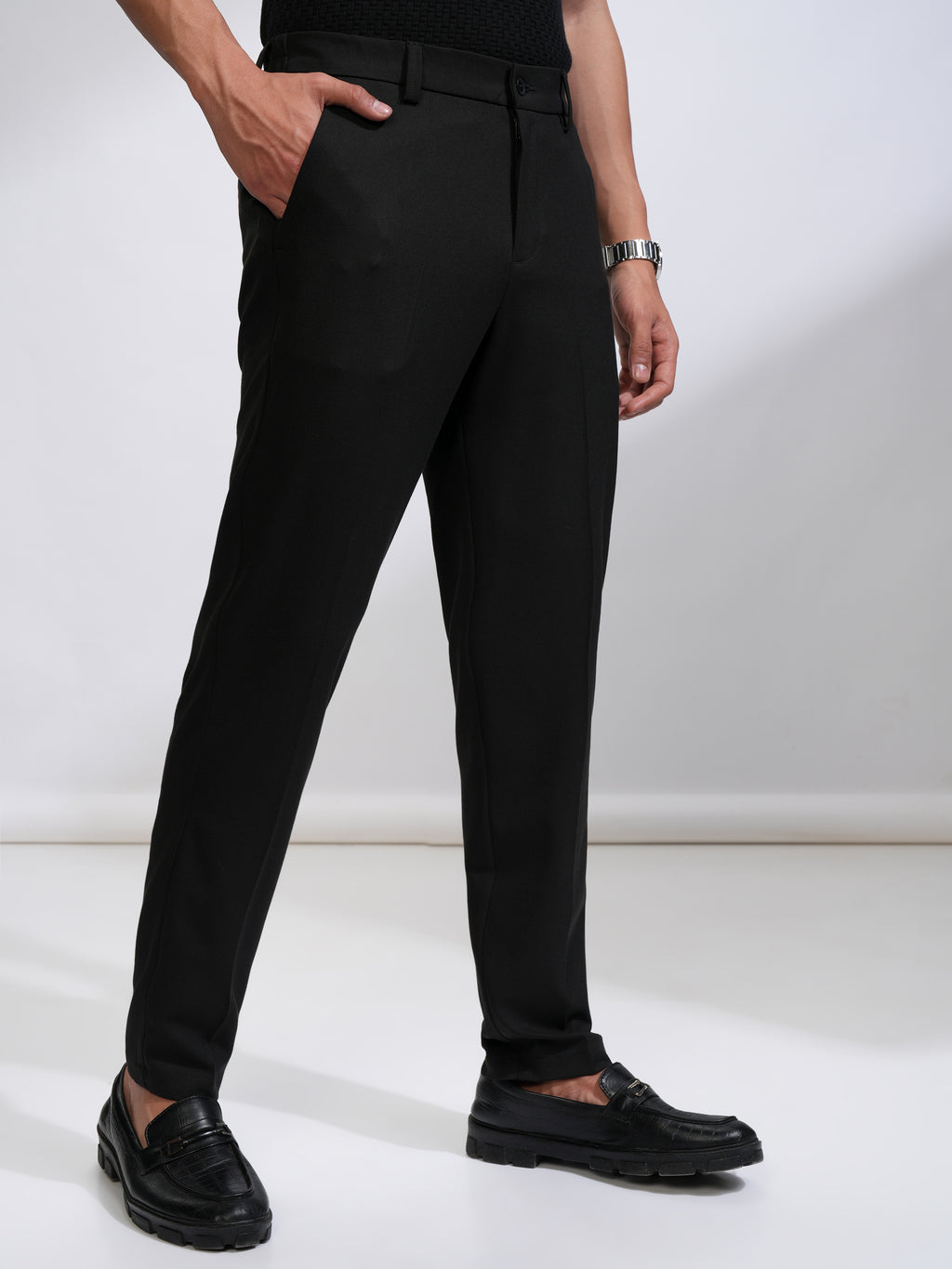 Highlander Men Black Slim Fit Solid Casual Trouser - Black - Image 6