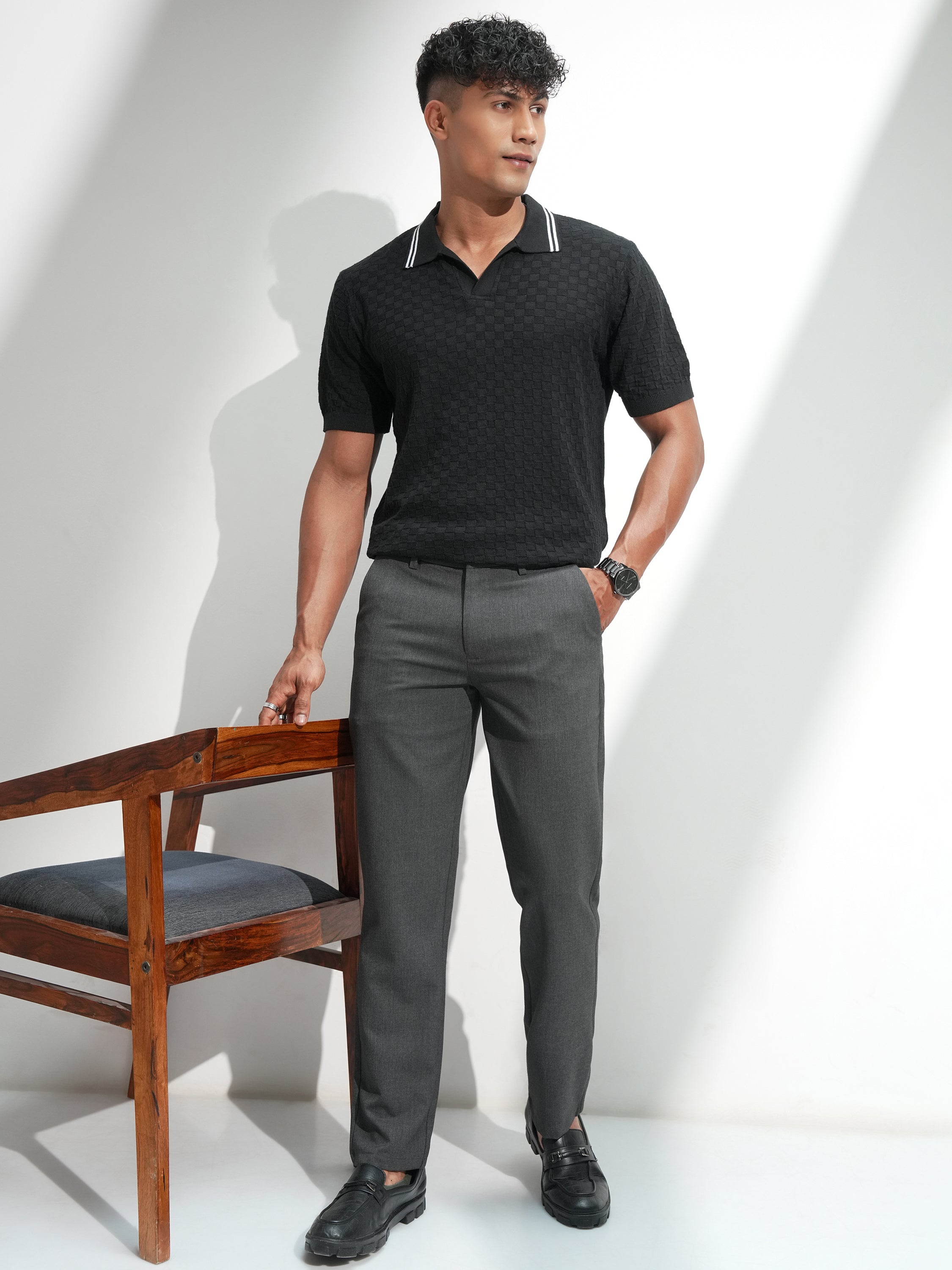 Highlander Men Grey Solid Slim Fit Regular Trousers - Grey - Image 2