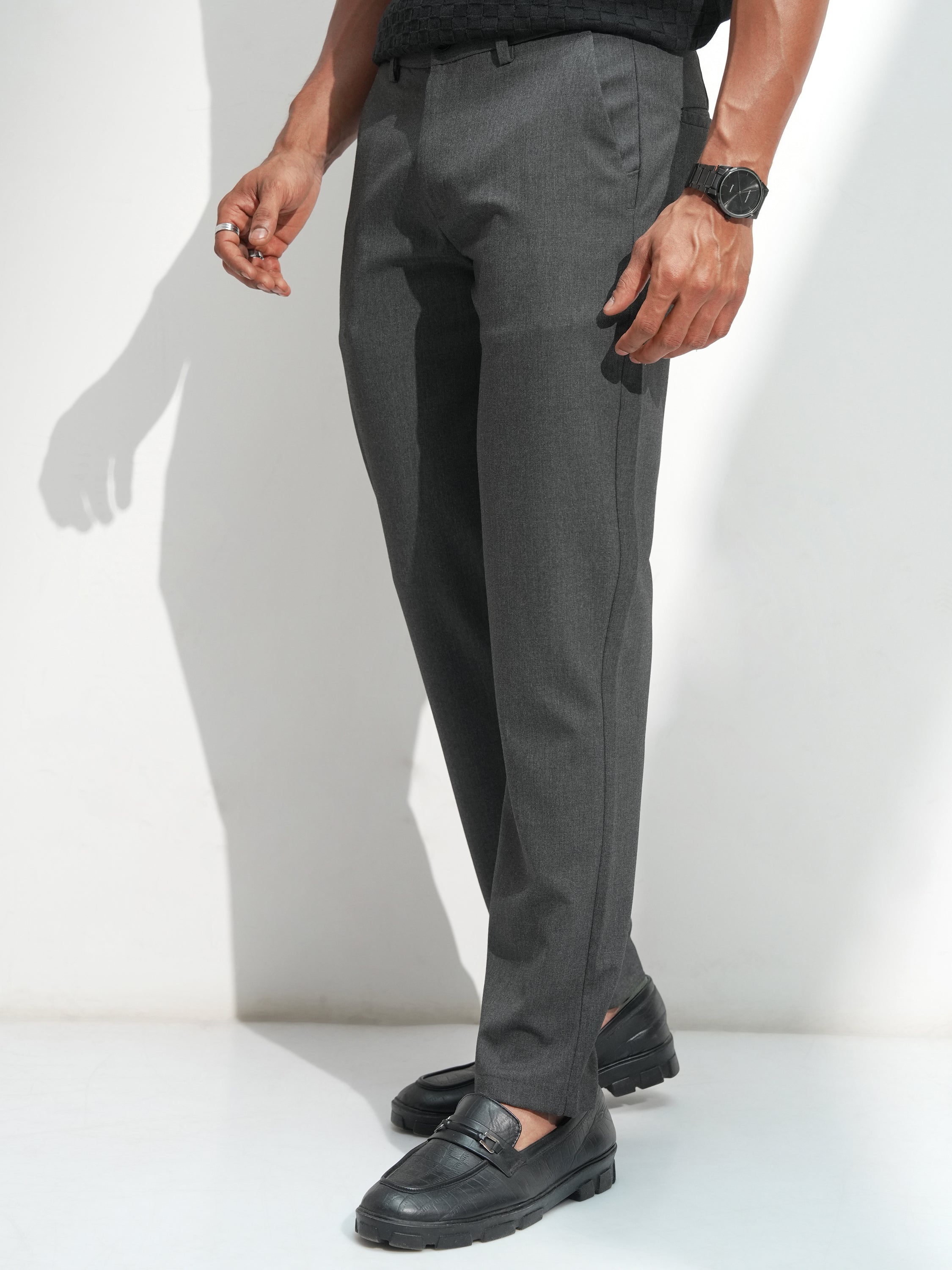 Highlander Men Grey Solid Slim Fit Regular Trousers - Grey - Image 4