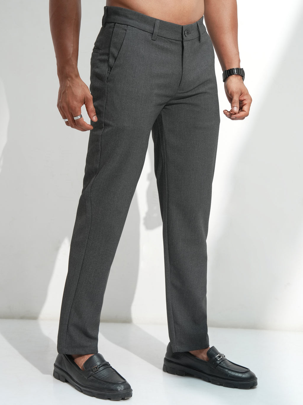Highlander Men Grey Solid Slim Fit Regular Trousers - Grey - Image 6