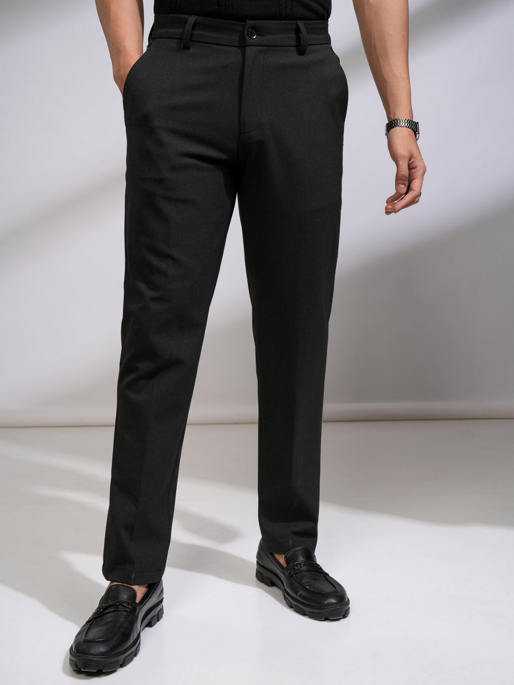 Highlander Men Charcoal Slim Fit Solid Formal Trouser - Charcoal - Image 1