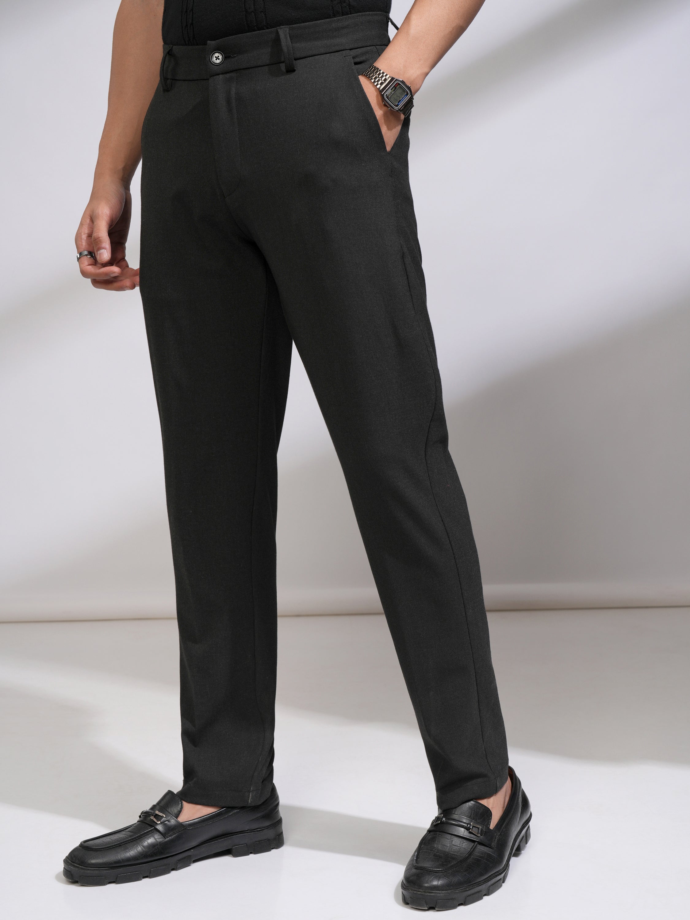 Highlander Men Charcoal Slim Fit Solid Formal Trouser - Charcoal - Image 4