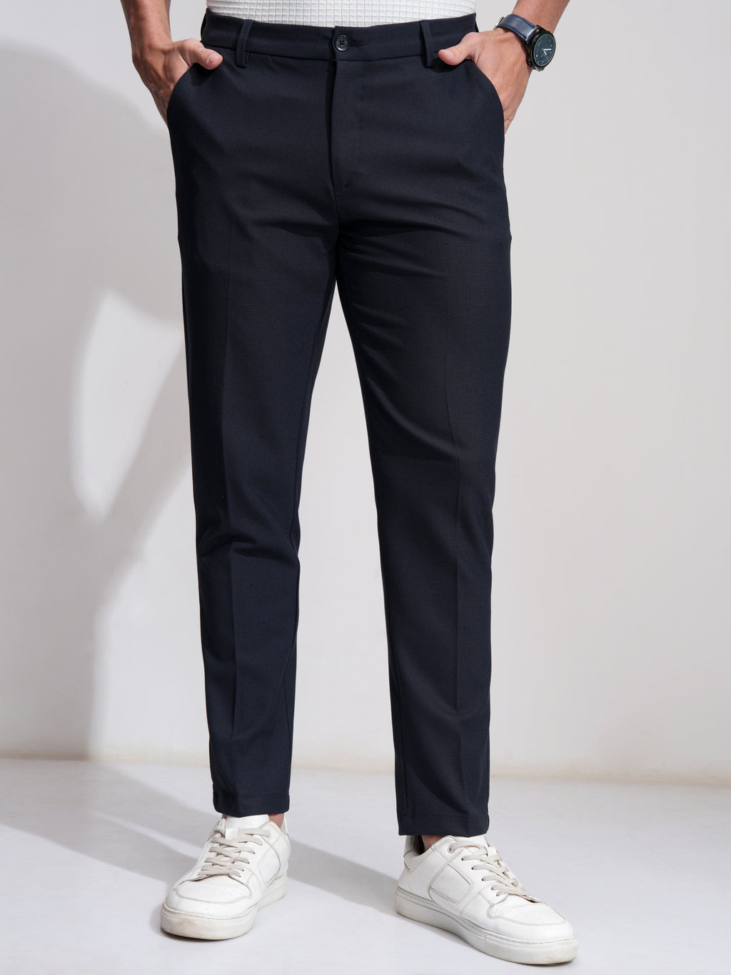 Highlander Men Navy Blue Slim Fit Solid Casual Trouser - Navy Blue - Image 1