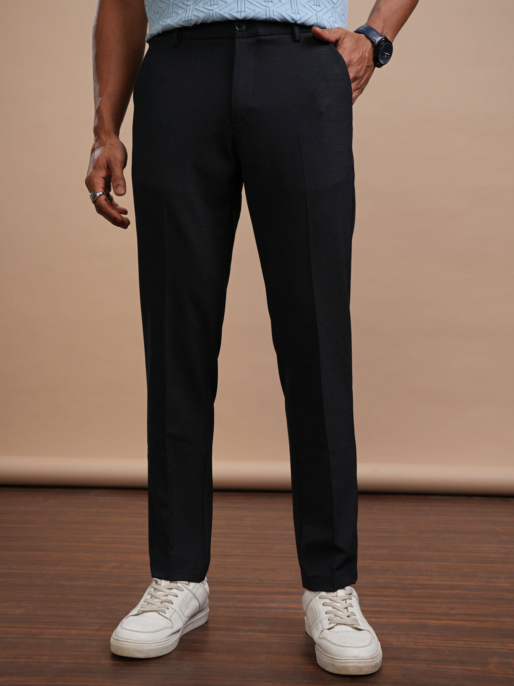 Highlander Men Navy Blue Slim Fit Solid Casual Trouser - Navy Blue - Image 1