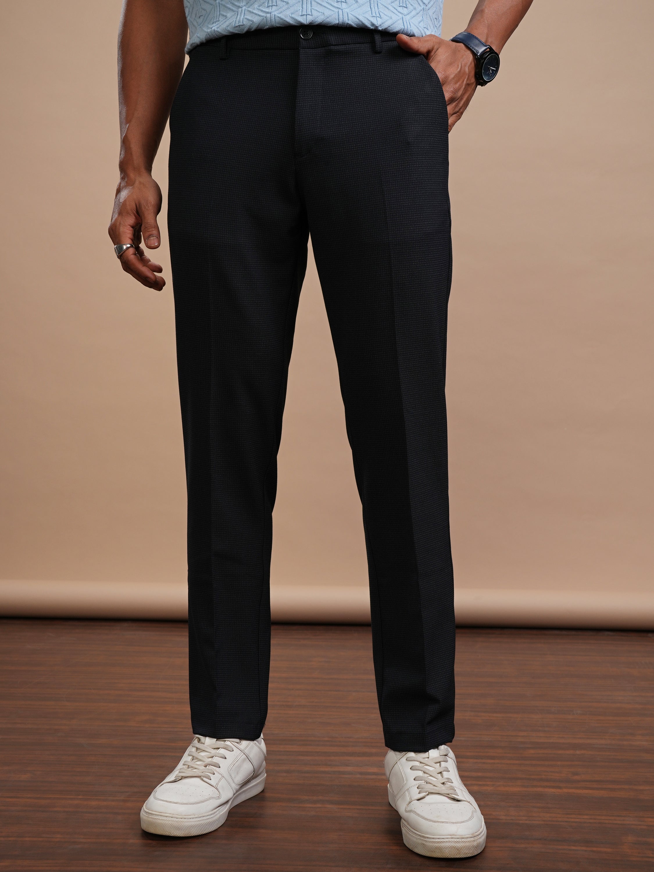 Highlander Men Navy Blue Slim Fit Solid Casual Trouser - Navy Blue - Image 1