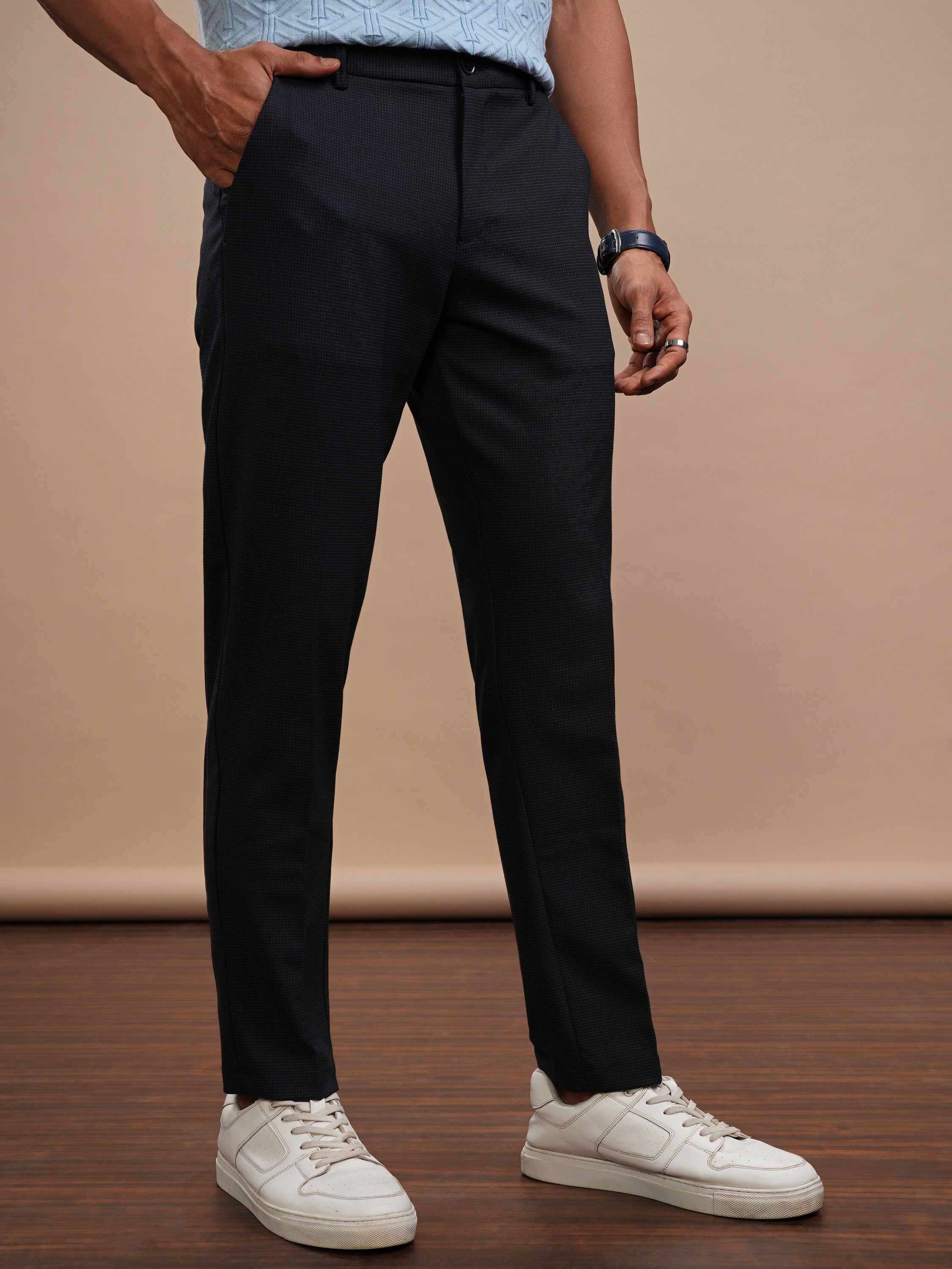 Highlander Men Navy Blue Slim Fit Solid Casual Trouser - Navy Blue - Image 6