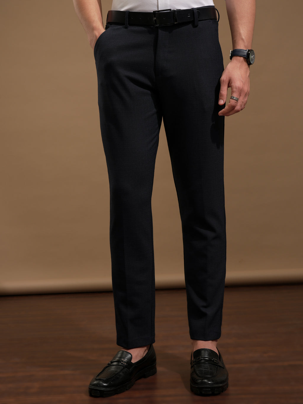 Highlander Men Navy Blue Slim Fit Solid Casual Trouser - Navy Blue - Image 6