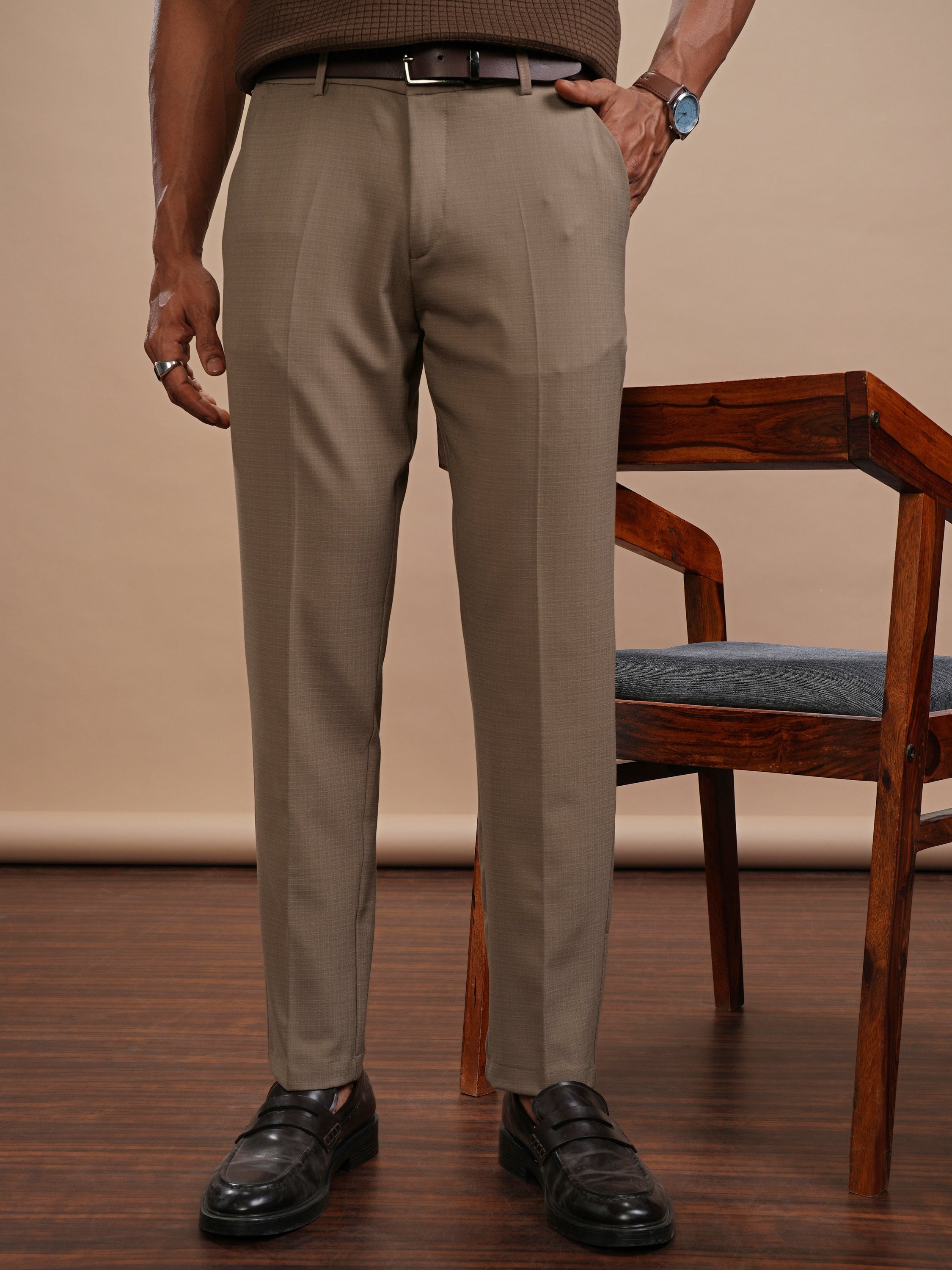 Highlander Men Khaki Slim Fit Solid Casual Trouser - Khaki - Image 1