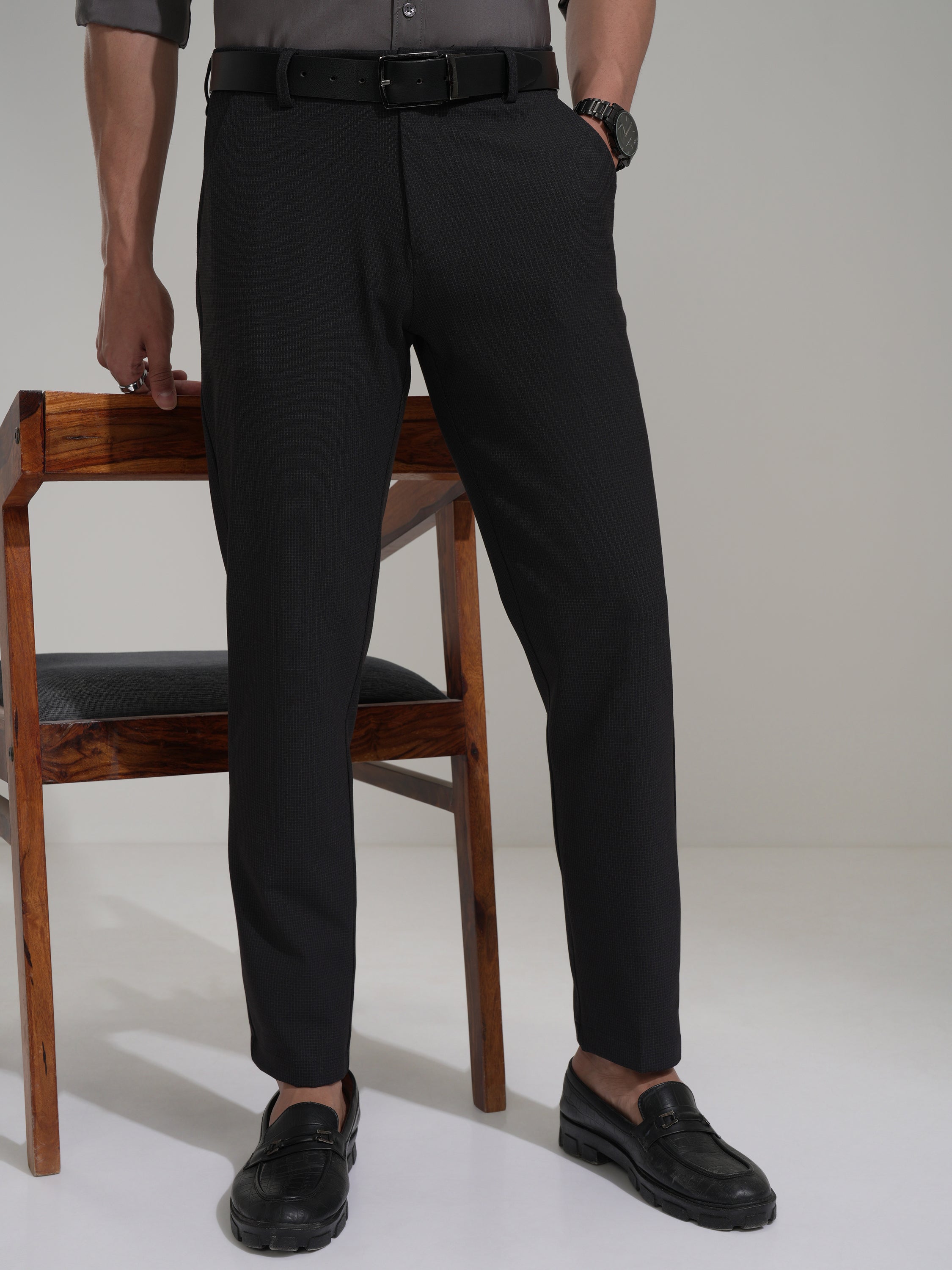 Highlander Men Charcoal Slim Fit Checked Casual Trouser - Charcoal - Image 1