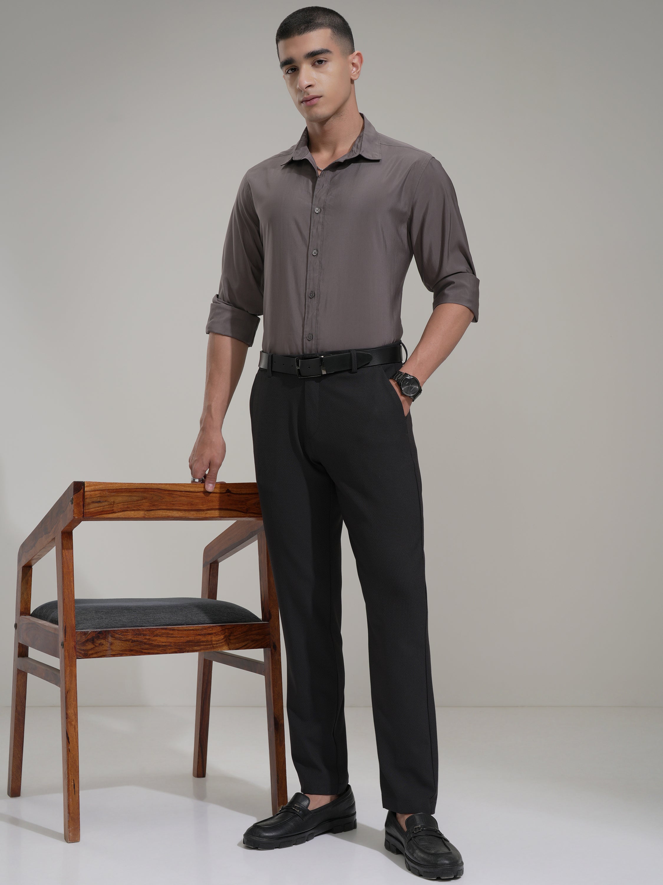 Highlander Men Charcoal Slim Fit Checked Casual Trouser - Charcoal - Image 2