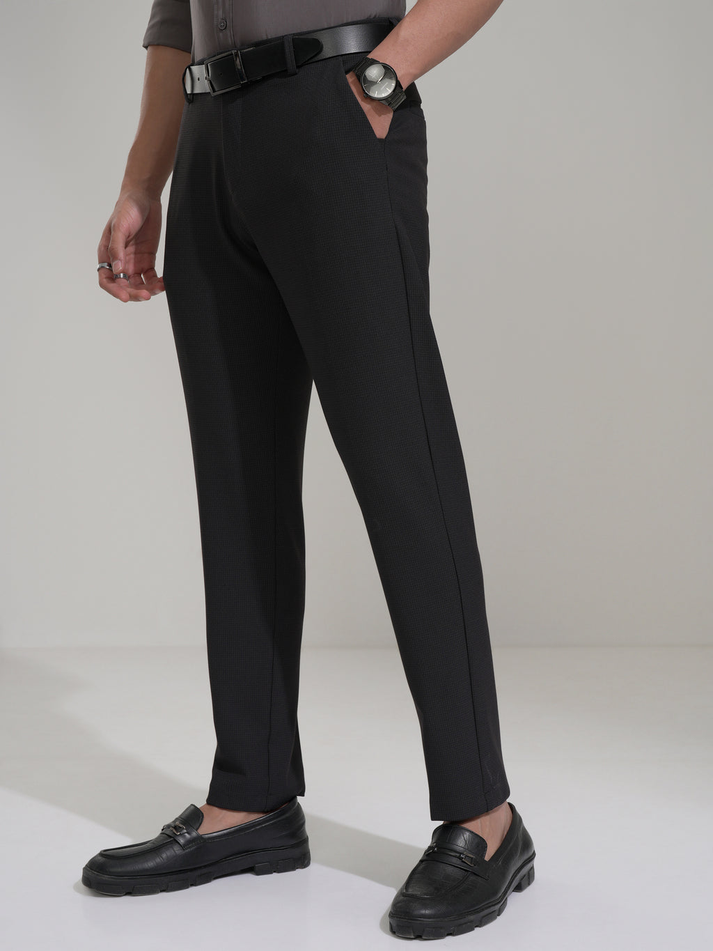 Highlander Men Charcoal Slim Fit Checked Casual Trouser - Charcoal - Image 4