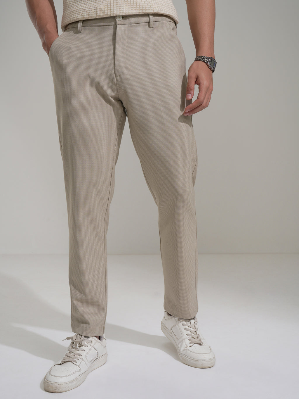 Highlander Men Beige Slim Fit Checked Casual Trouser - Beige - Image 1