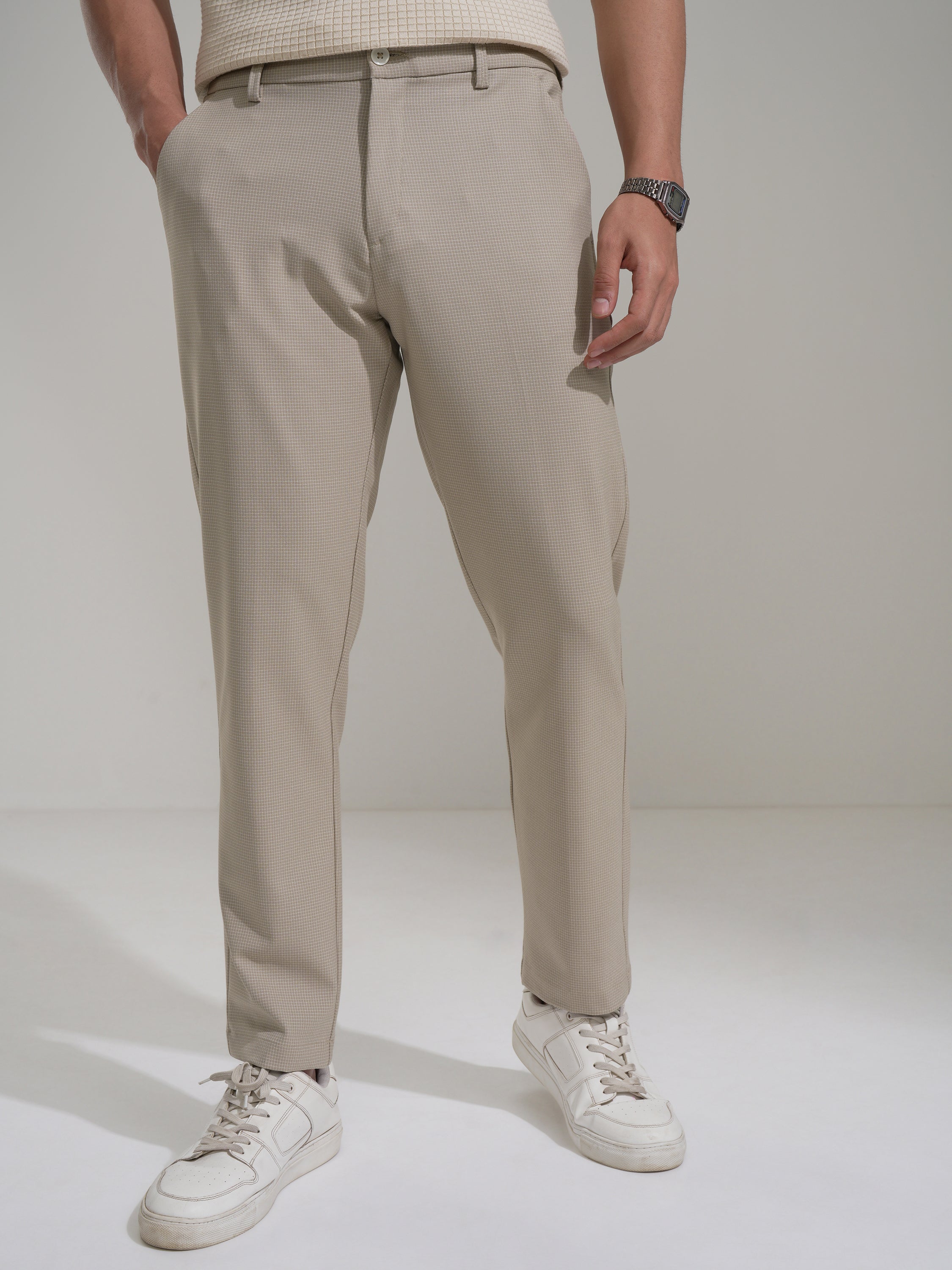 Highlander Men Beige Slim Fit Checked Casual Trouser - Beige - Image 1
