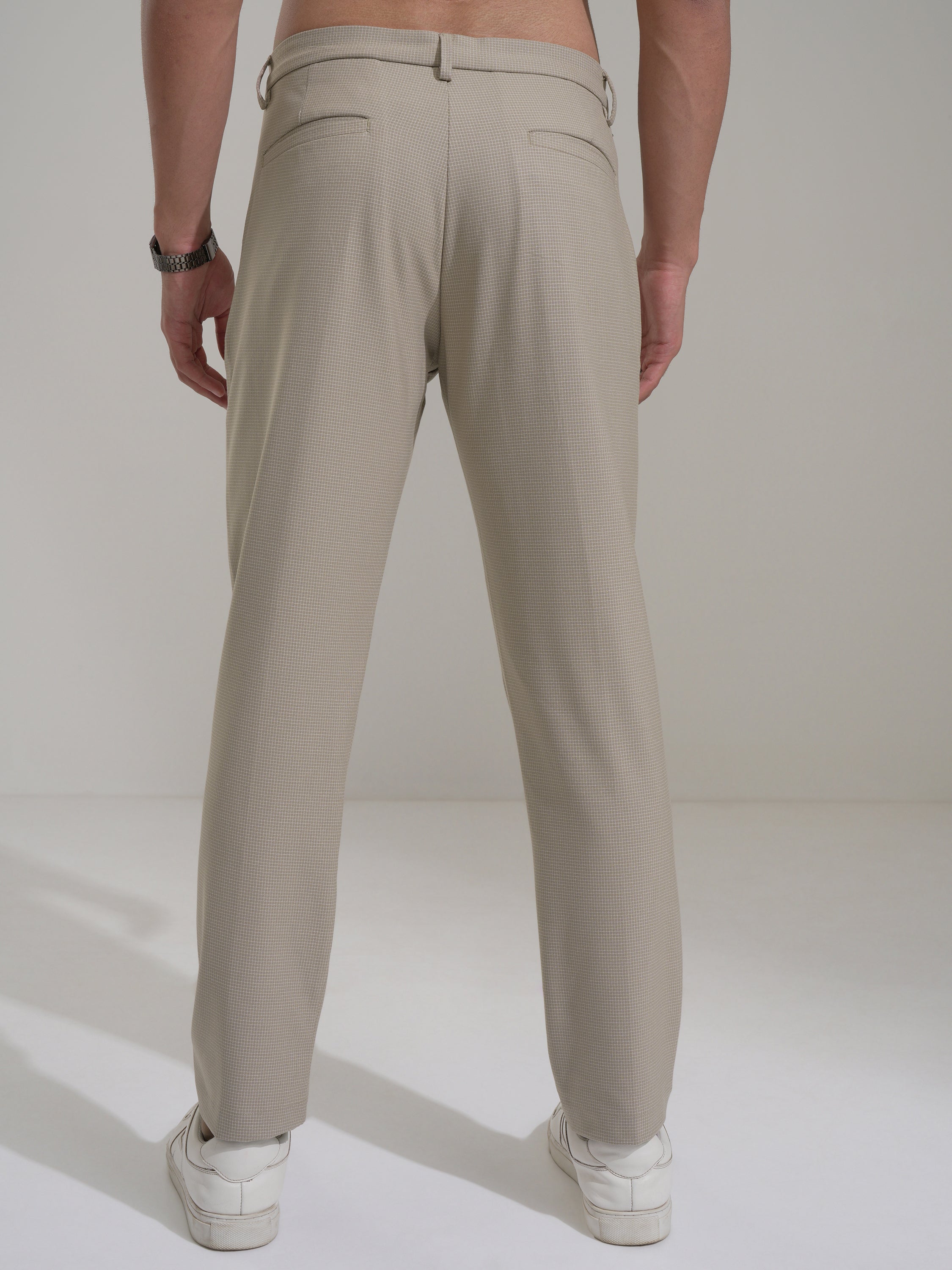 Highlander Men Beige Slim Fit Checked Casual Trouser - Beige - Image 3