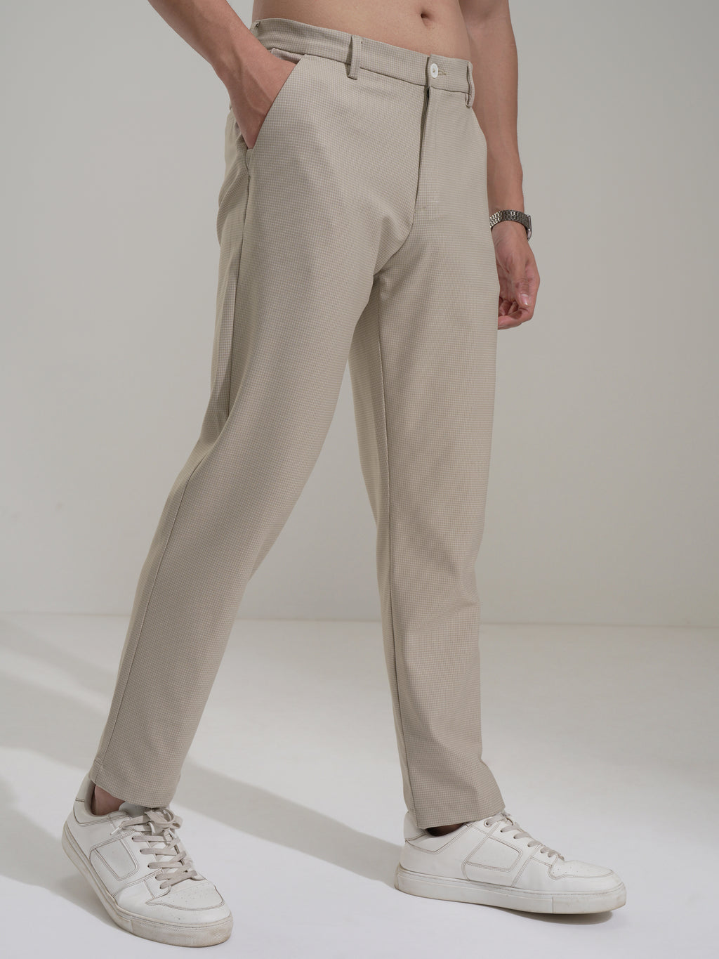 Highlander Men Beige Slim Fit Checked Casual Trouser - Beige - Image 6