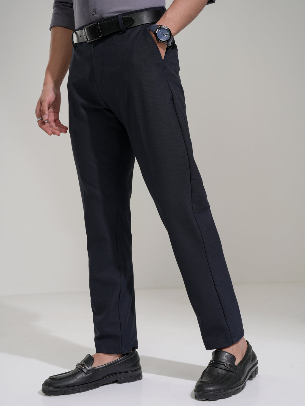 Highlander Men Navy Blue Slim Fit Solid Casual Trouser - Navy Blue - Image 4