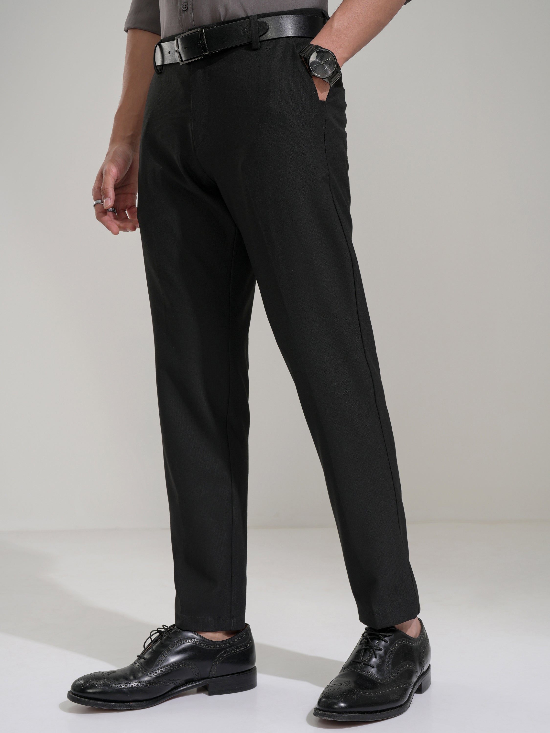Highlander Men Black Slim Fit Solid Casual Trouser - Black - Image 4