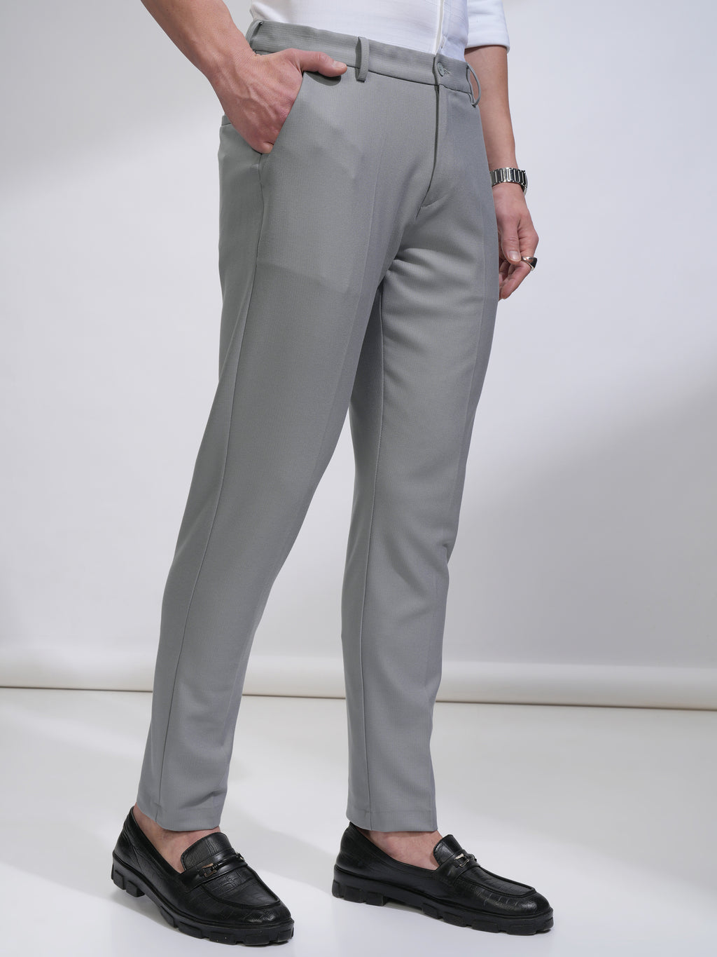 Highlander Men Grey Slim Fit Solid Casual Trouser - Grey - Image 6