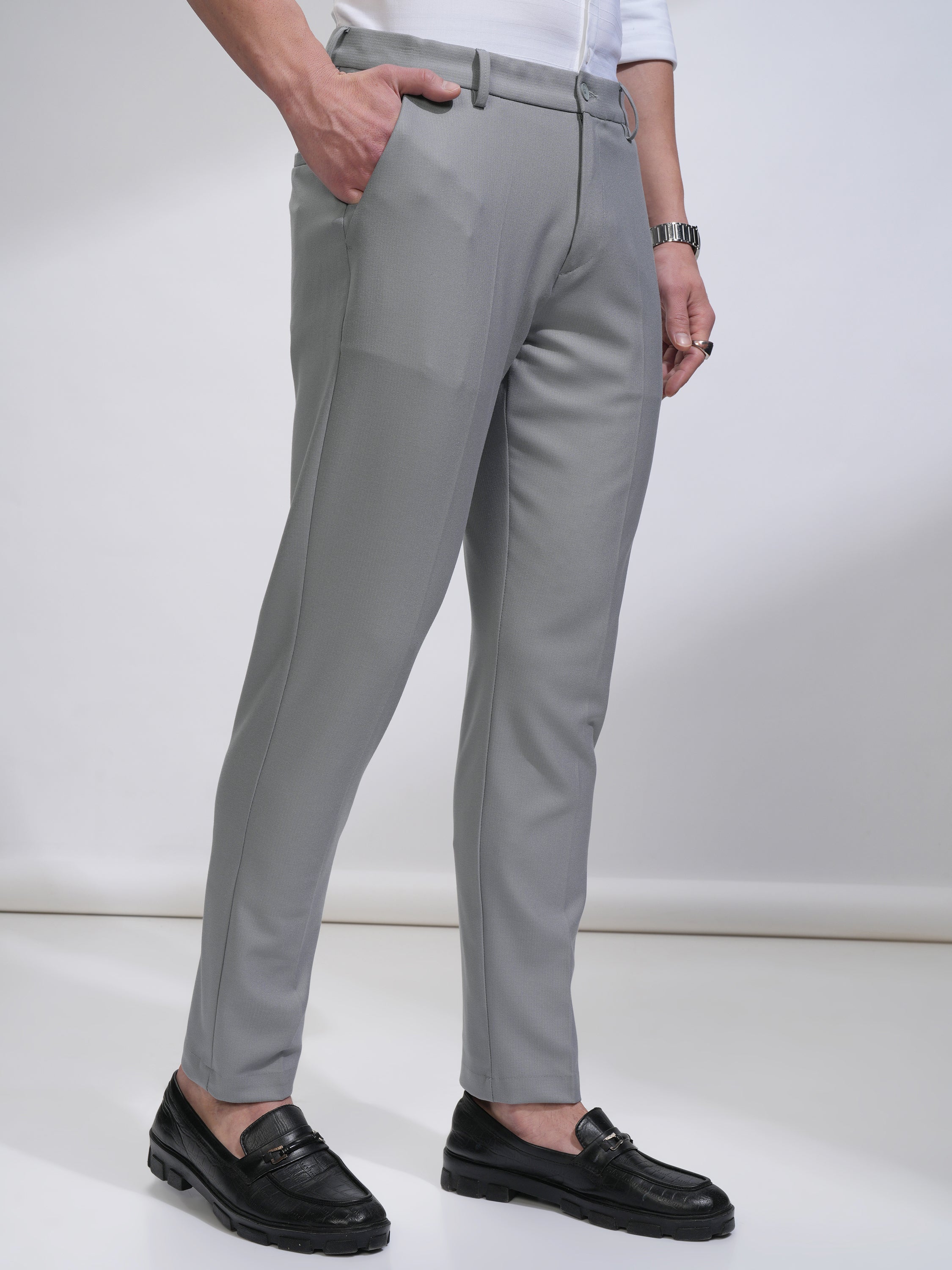 Highlander Men Grey Slim Fit Solid Casual Trouser - Grey - Image 6