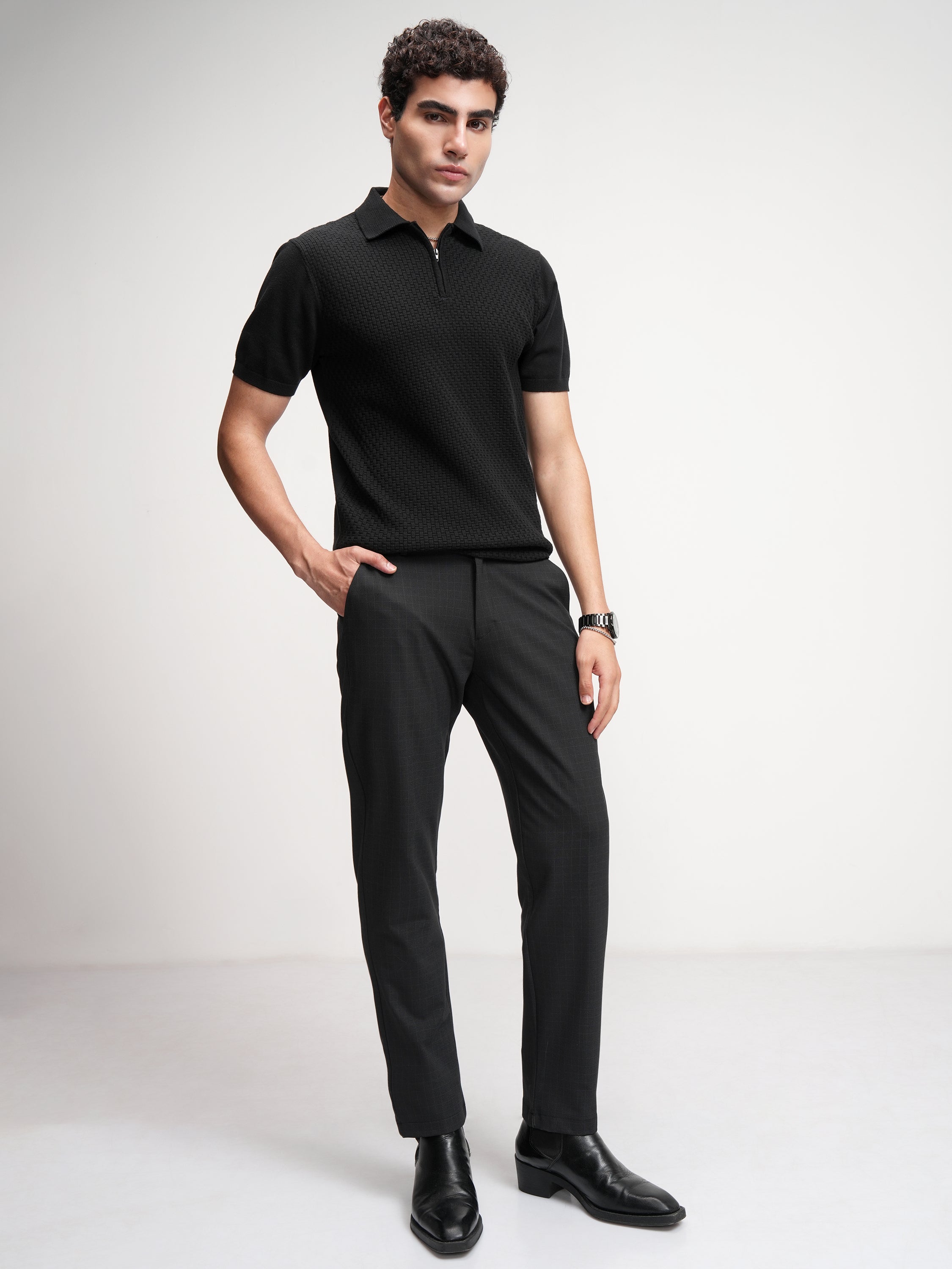 Highlander Men Charcoal Slim Fit Checked Formal Trouser - Charcoal - Image 2