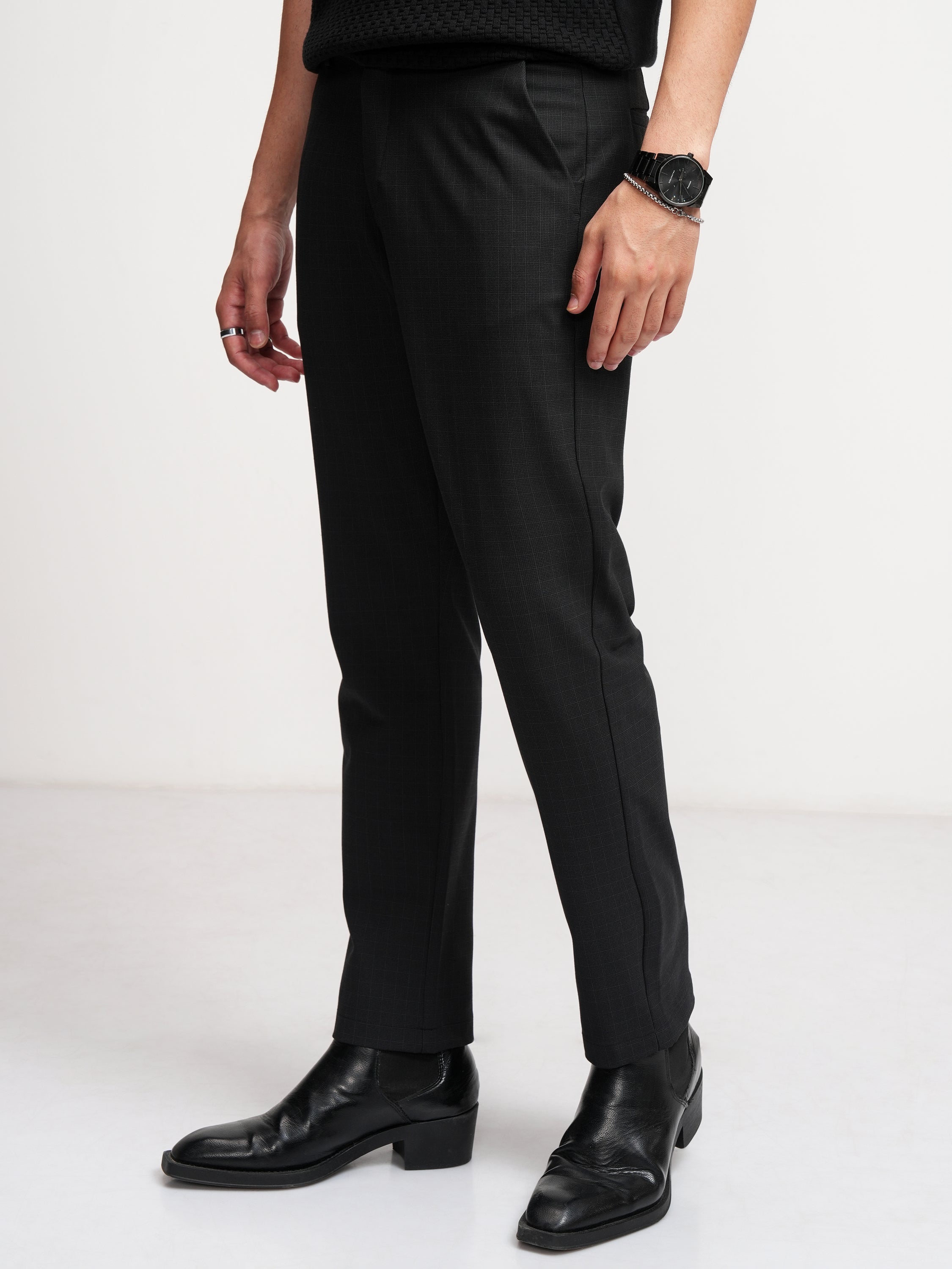 Highlander Men Charcoal Slim Fit Checked Formal Trouser - Charcoal - Image 4