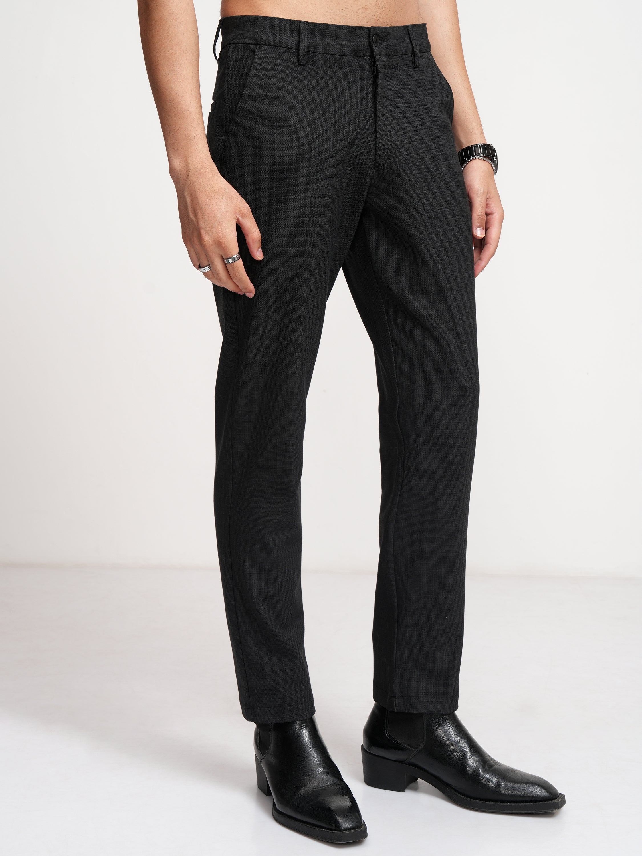 Highlander Men Charcoal Slim Fit Checked Formal Trouser - Charcoal - Image 6