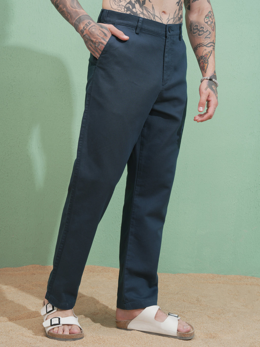 Highlander Men Blue Straight Fit Solid Casual Trouser - Blue - Image 6