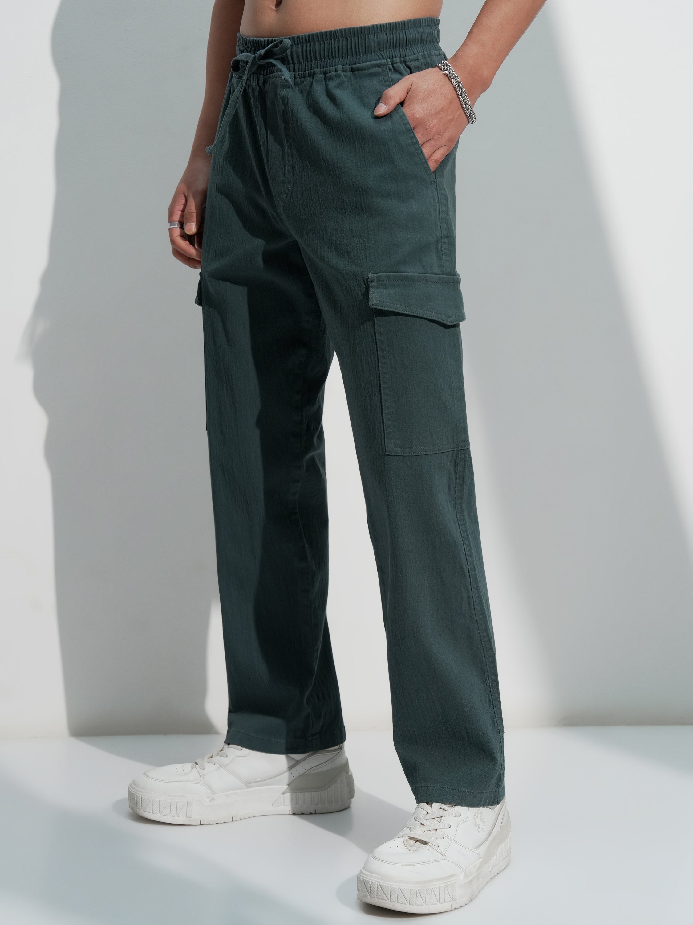 Highlander Men Teal Straight Fit Solid Cargo - Teal - Image 4