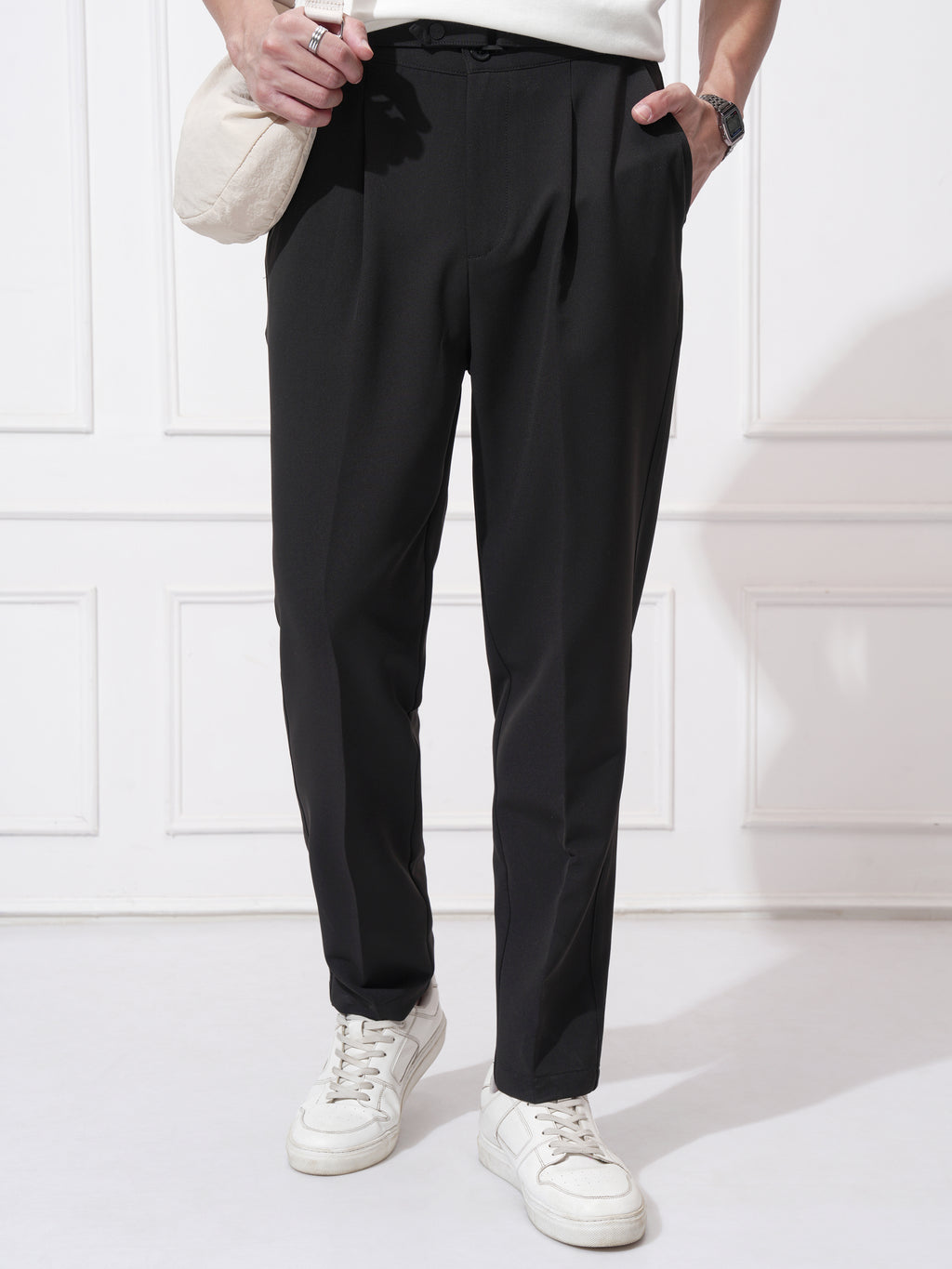 Highlander Men Black Tapered Fit Solid Korean Pant - Black - Image 1