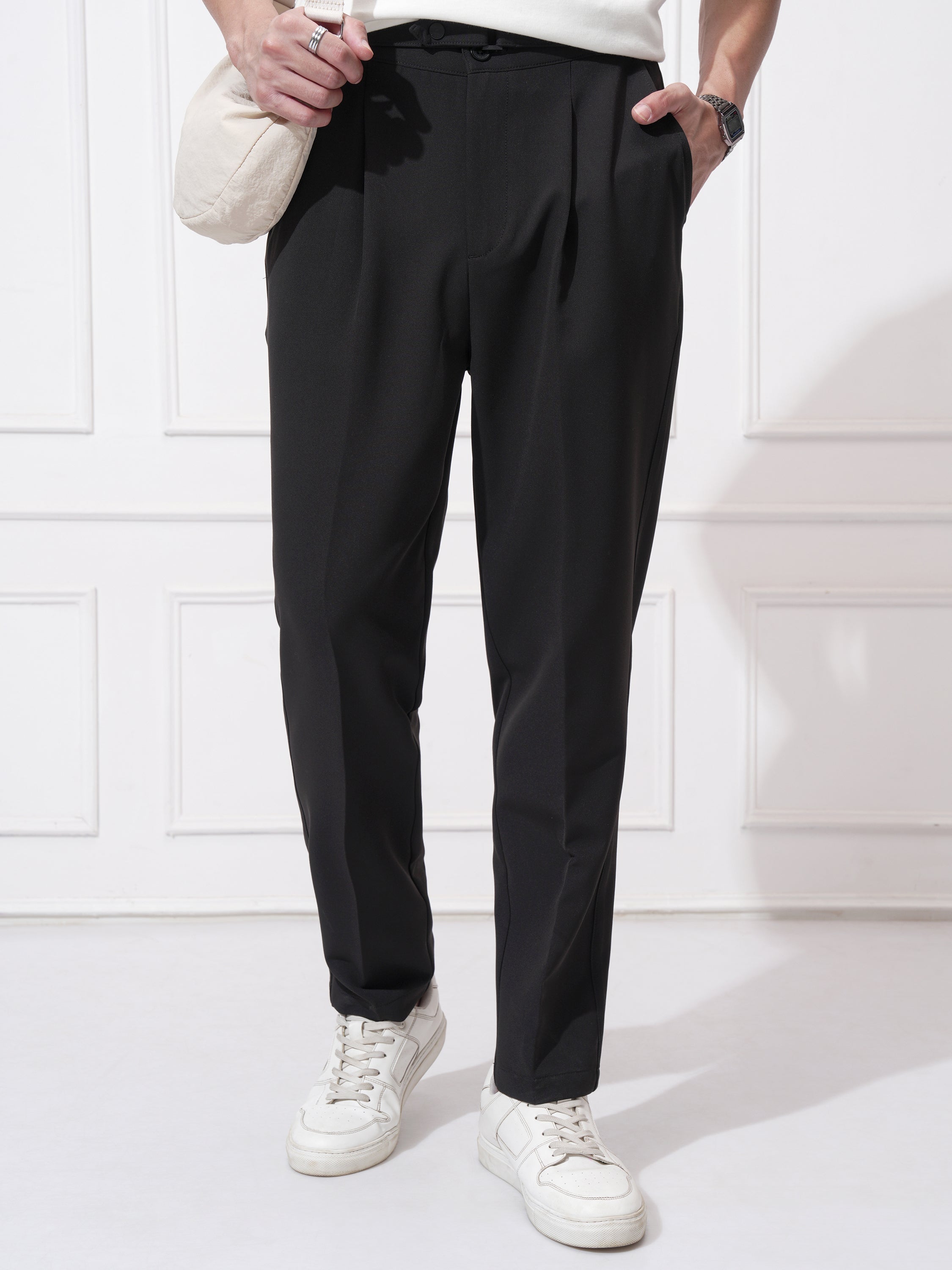 Highlander Men Black Tapered Fit Solid Korean Pant - Black - Image 1