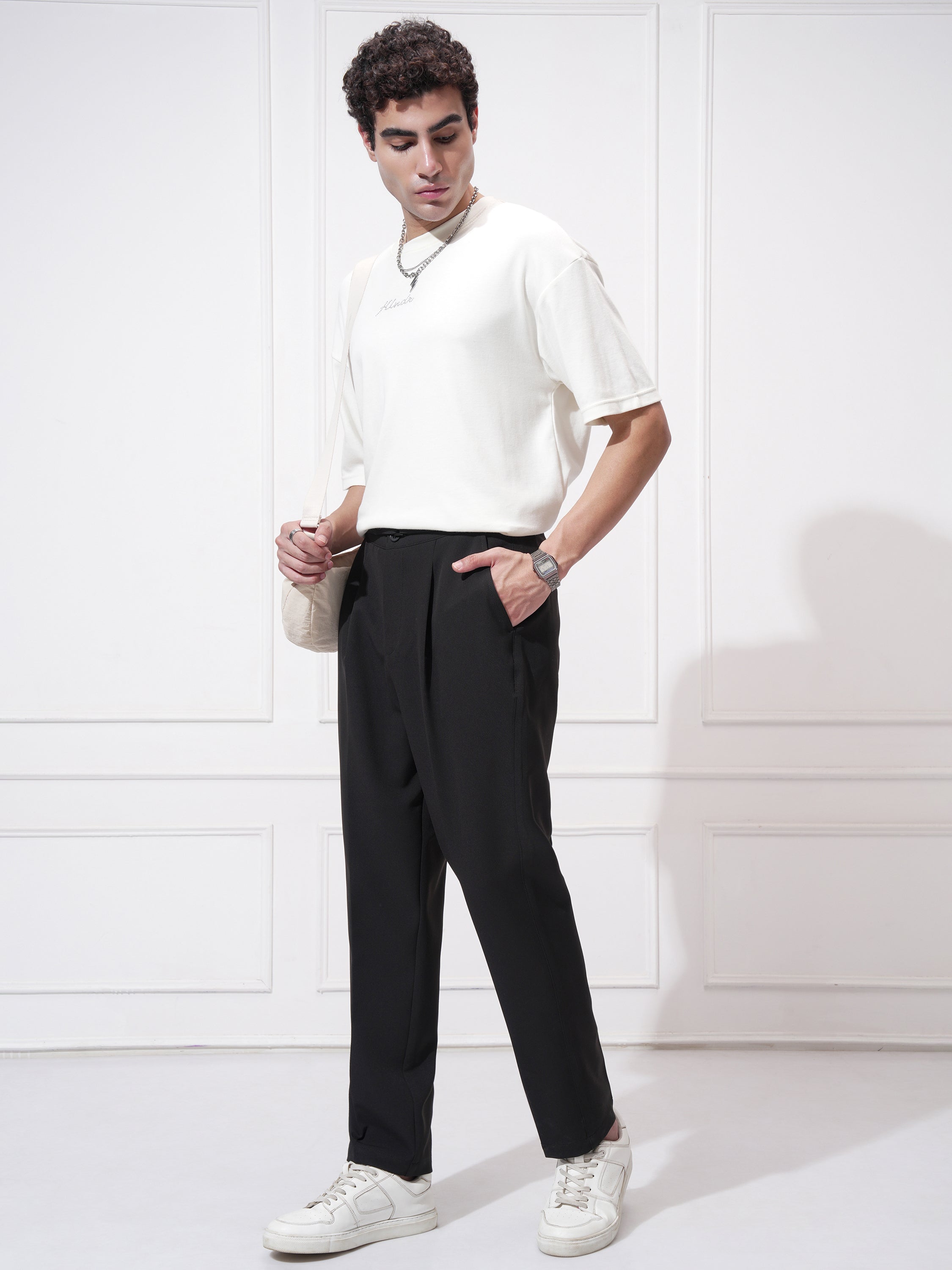 Highlander Men Black Tapered Fit Solid Korean Pant - Black - Image 2