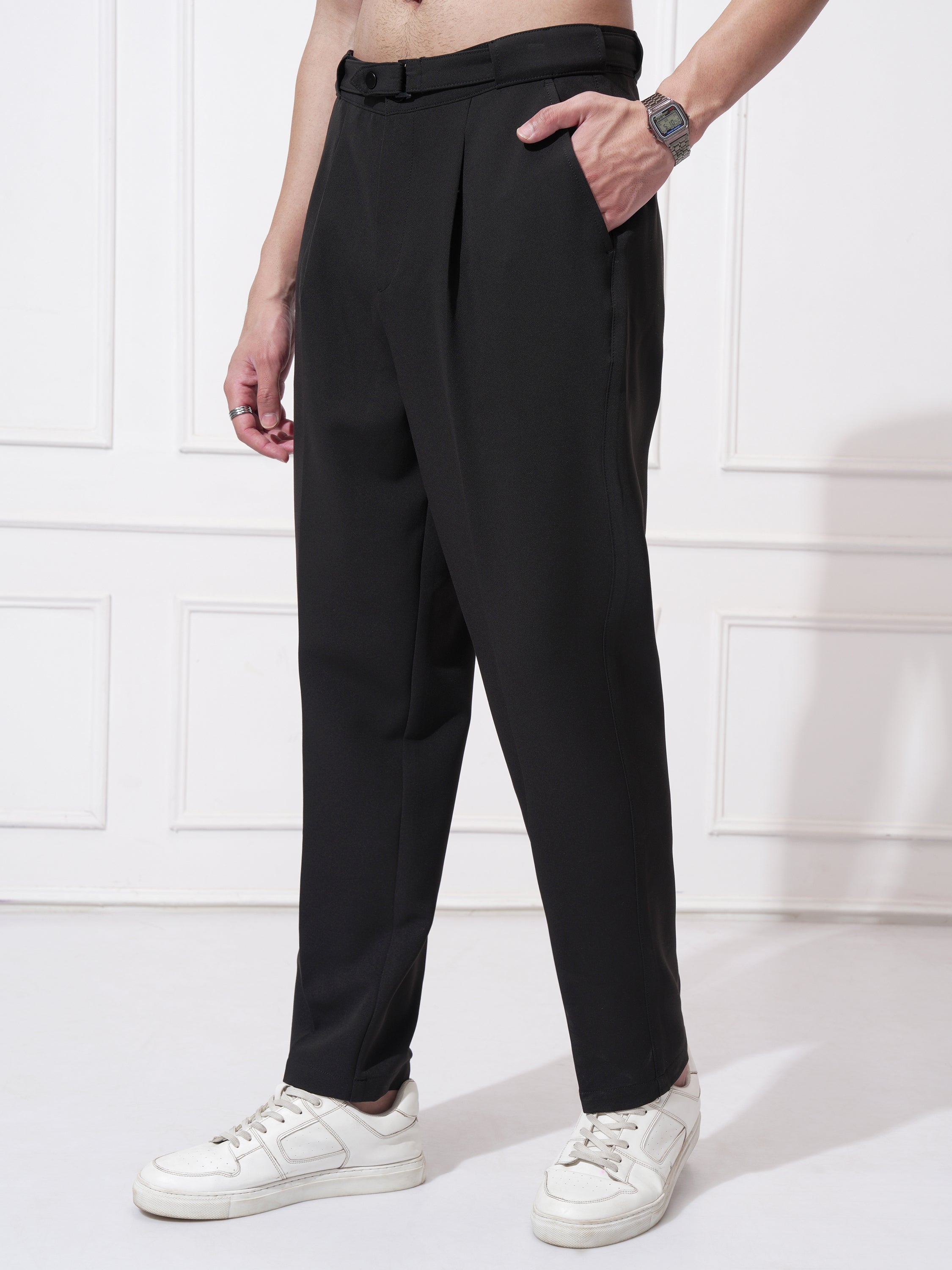 Highlander Men Black Tapered Fit Solid Korean Pant - Black - Image 4